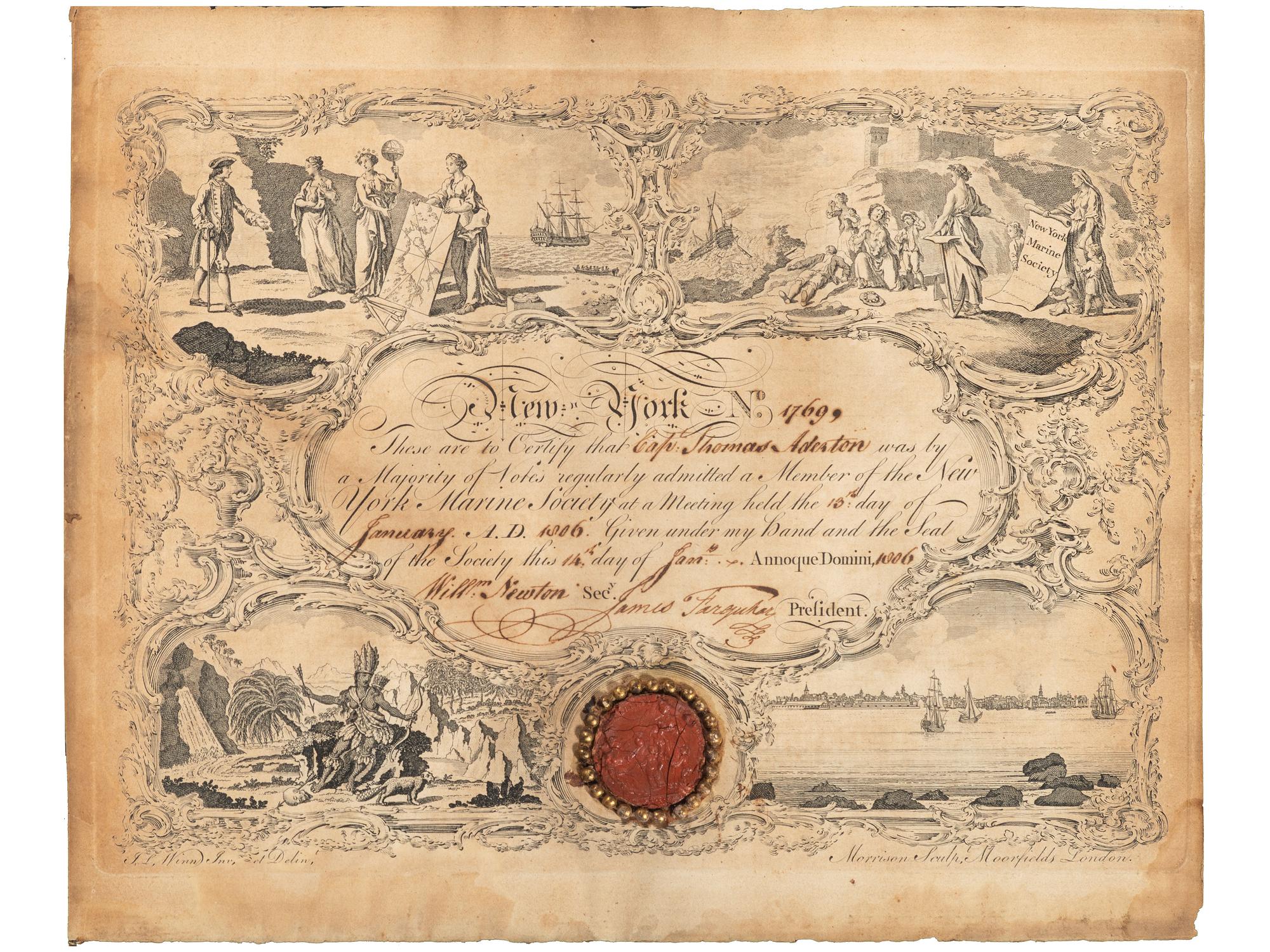 [NEW YORK]. New York Marine Society engraved certificate presented to Captain Thomas Adeston. New York, 14 January 1806.