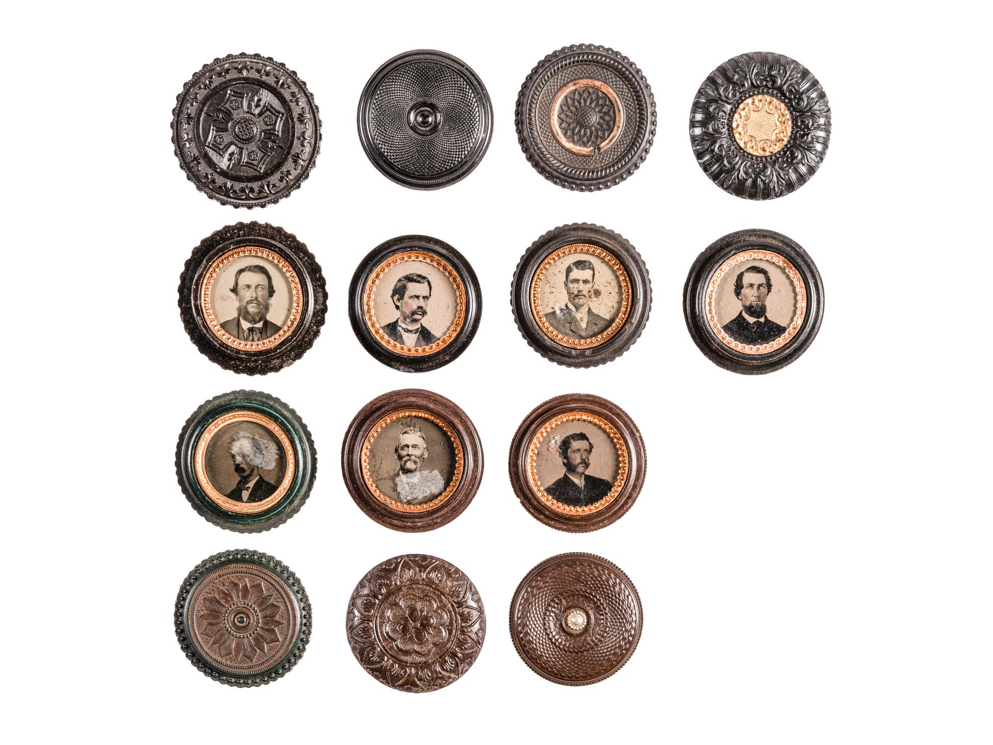 [EARLY PHOTOGRAPHY - UNION CASES]. A group of 13 assorted "oreo" cases containing tintype portraits of men with facial hair.
