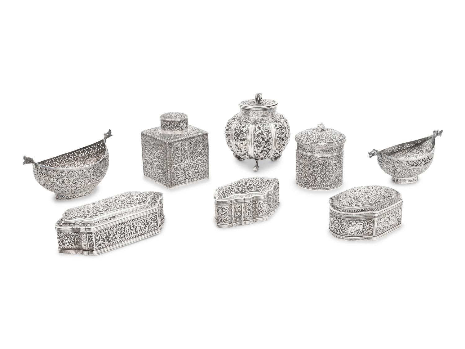 A Collection of Eight Indian Kutch Silver Table Articles