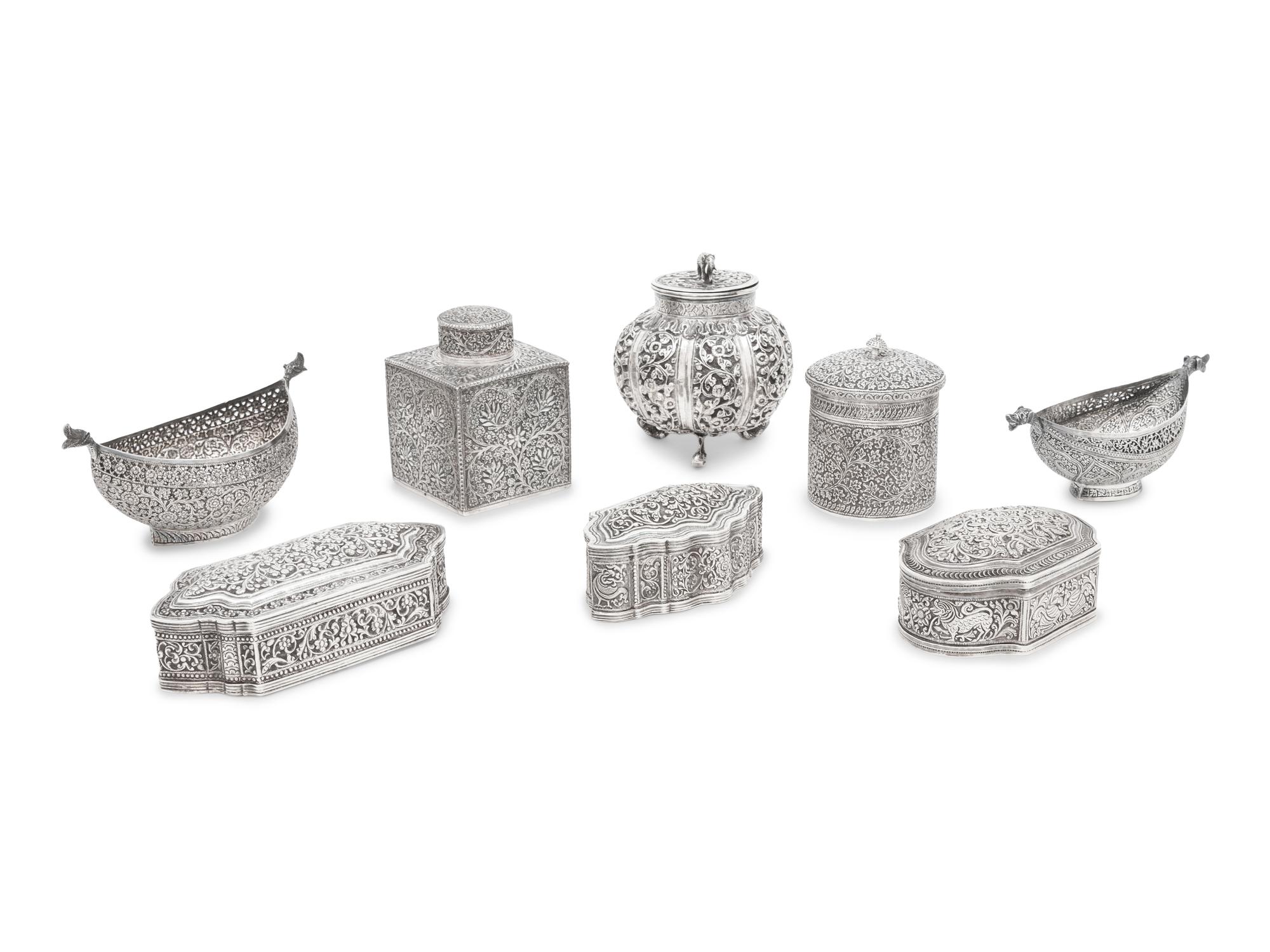 A Collection of Eight Indian Kutch Silver Table Articles
