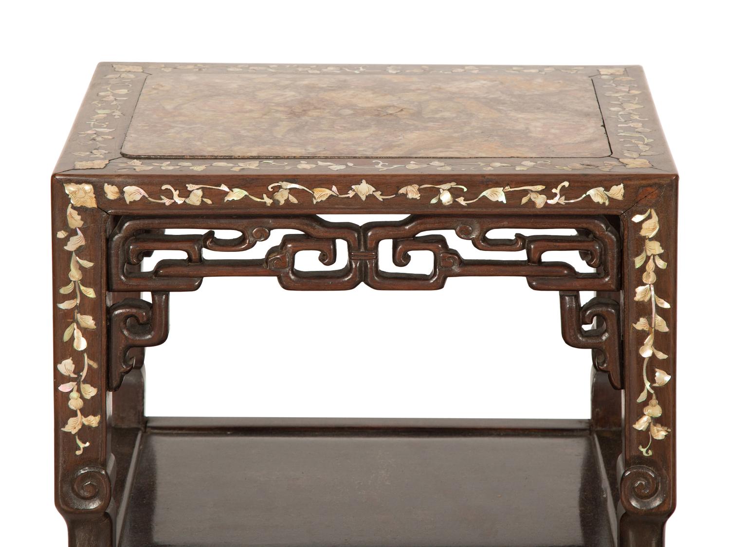 A Pair of Chinese Mother-of-Pearl Inlaid Marble Top Side Tables and a Smaller Low Table