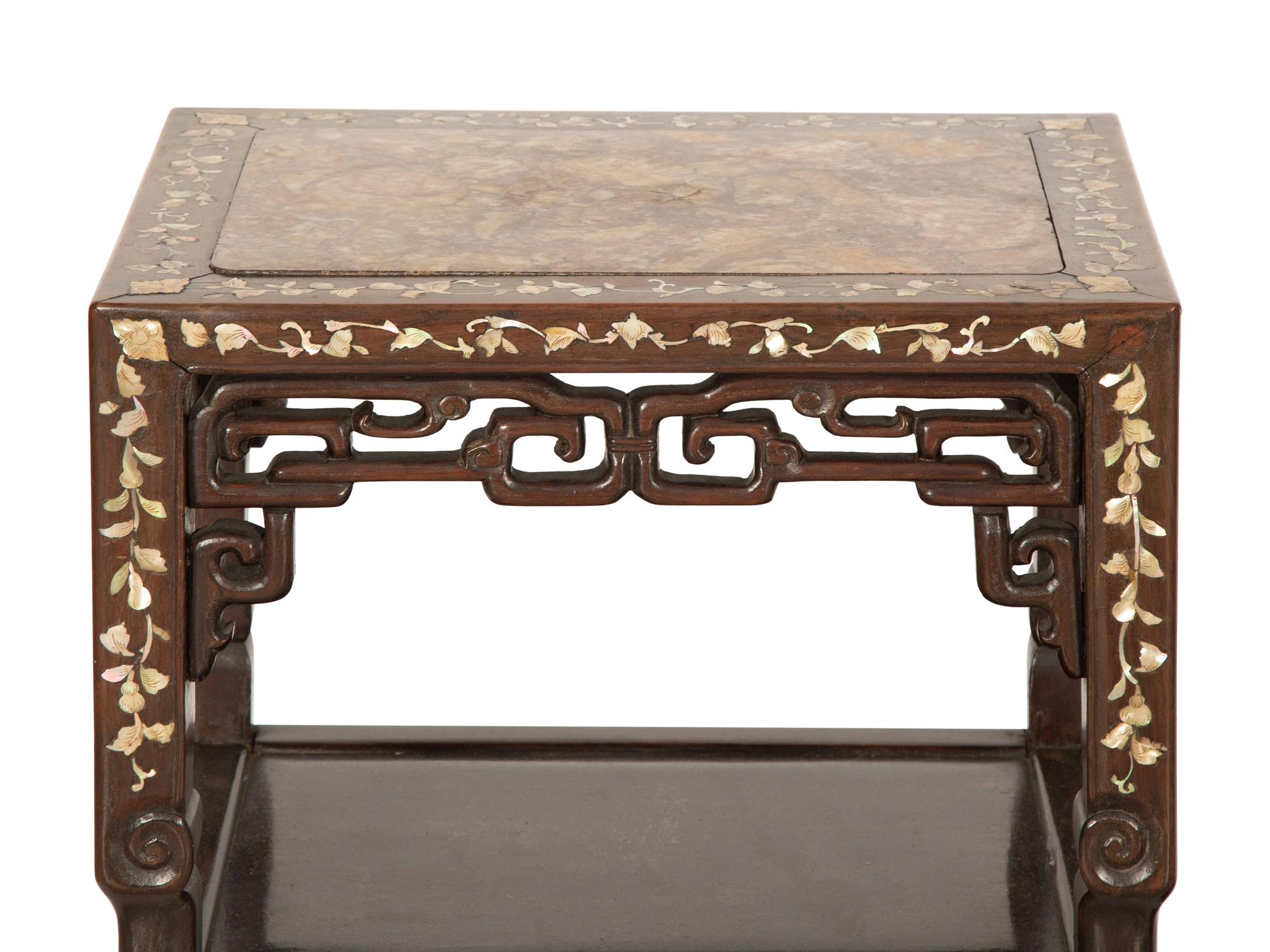 A Pair of Chinese Mother-of-Pearl Inlaid Marble Top Side Tables and a Smaller Low Table