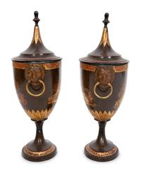 A Pair of Regency Parcel-Gilt Tôle Peinte Urns