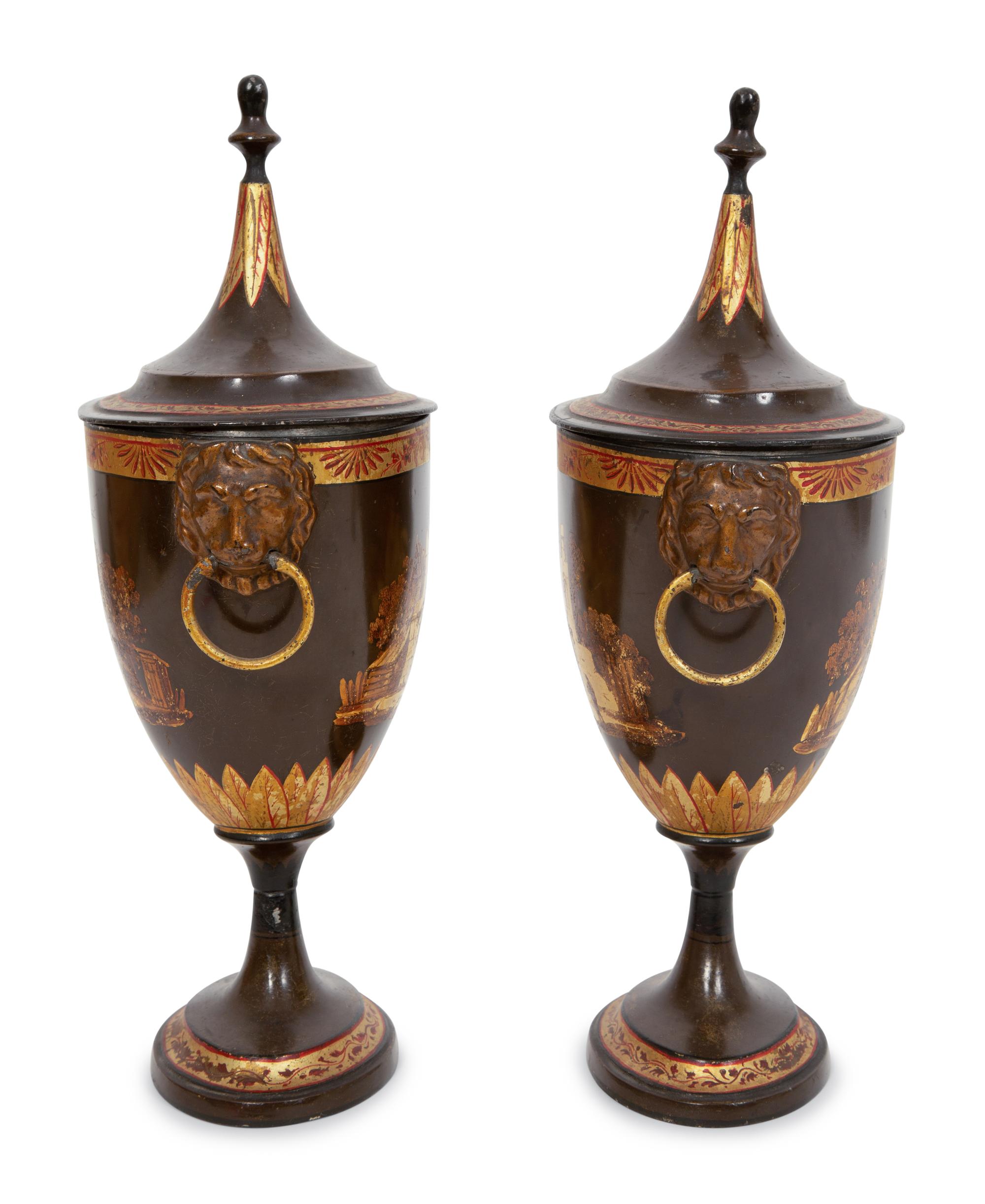 A Pair of Regency Parcel-Gilt Tôle Peinte Urns