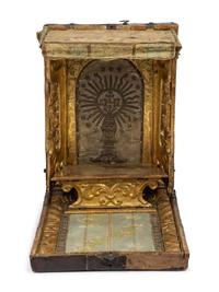 A German Leather-Cased Giltwood Traveling Altar