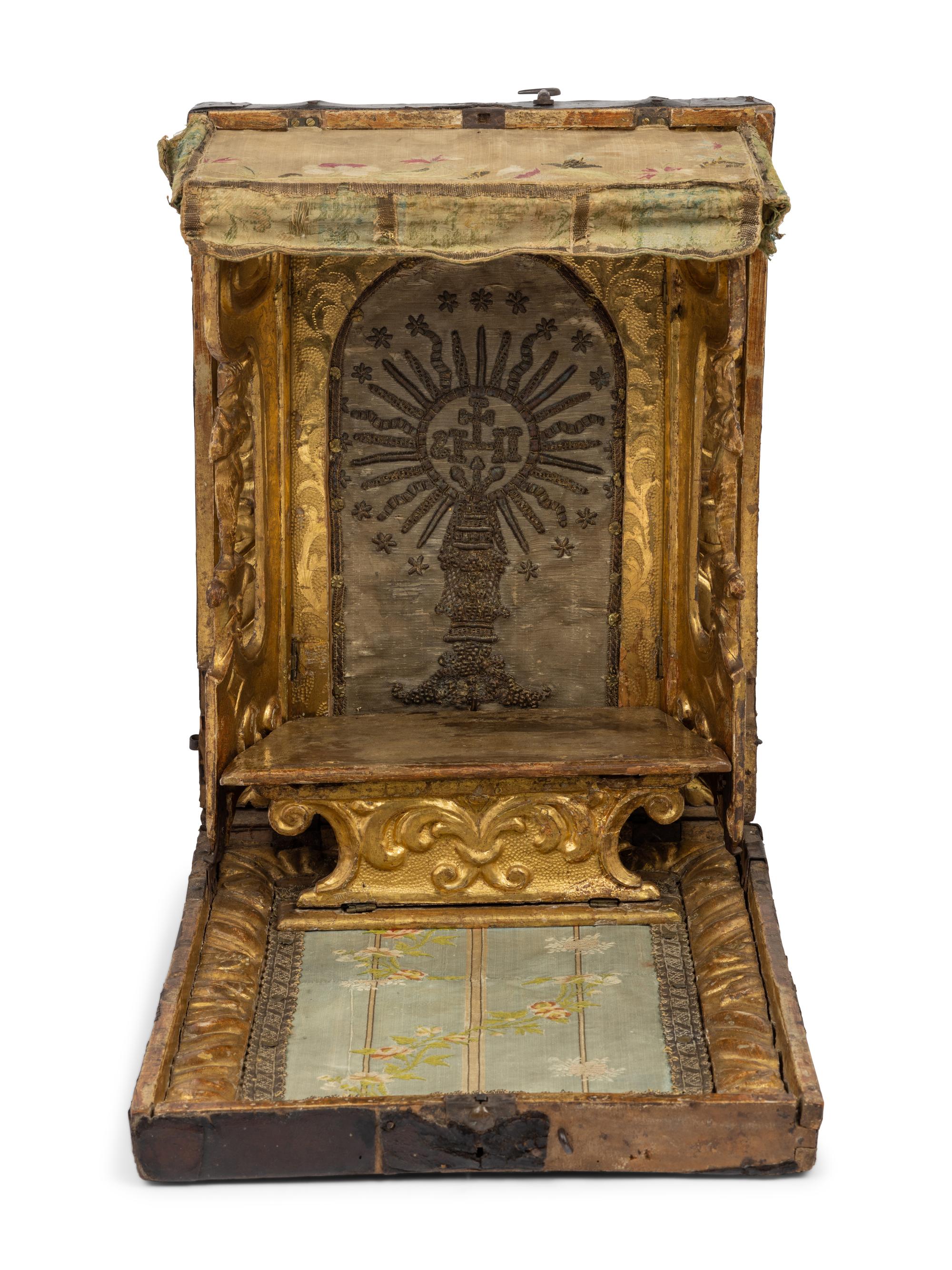 A German Leather-Cased Giltwood Traveling Altar