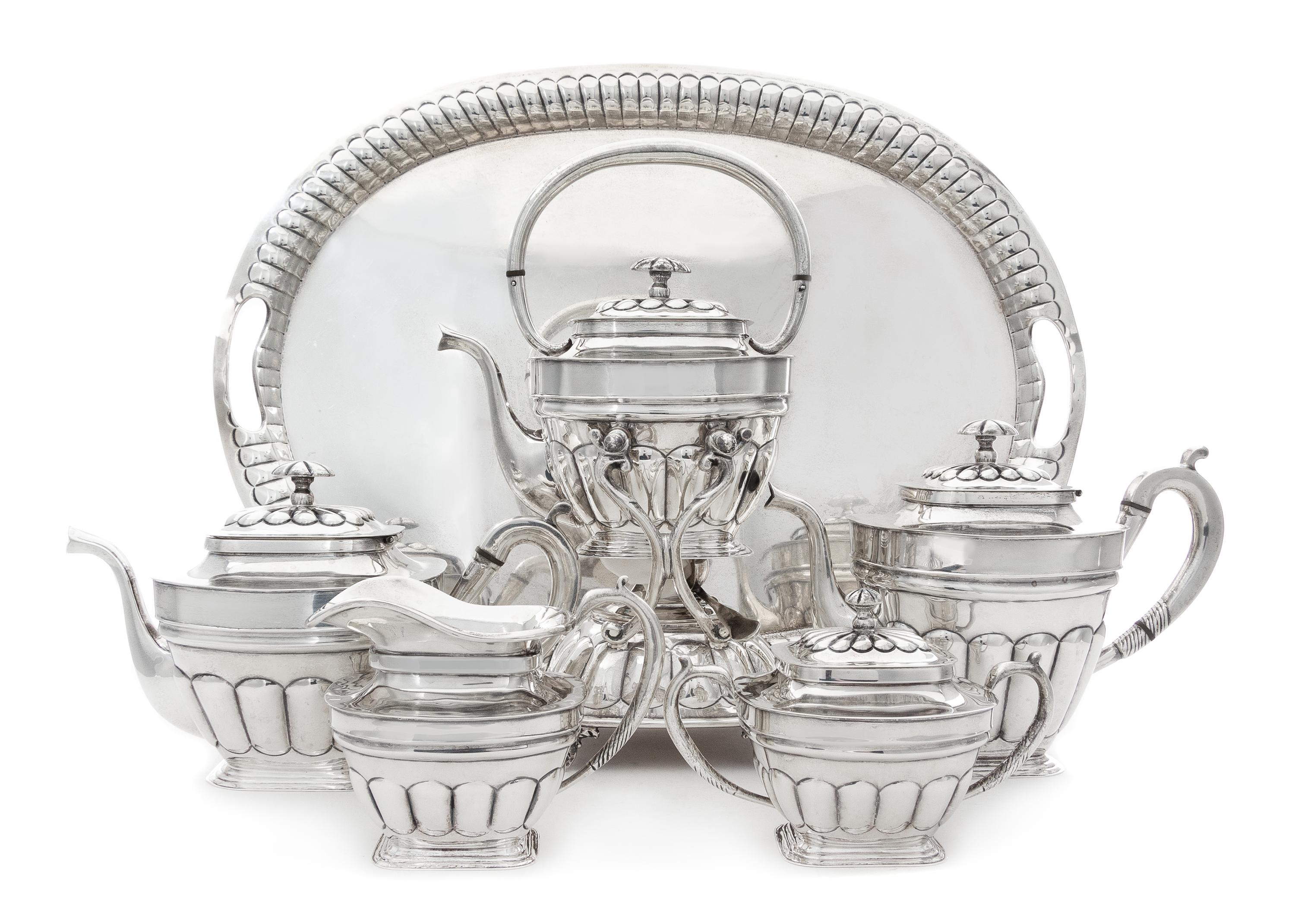 A Mexican Silver Six-Piece Tea and Coffee Service, Tane Orfebres, Mexico City, 20th Century, comprising a water kettle on stand, coffee
