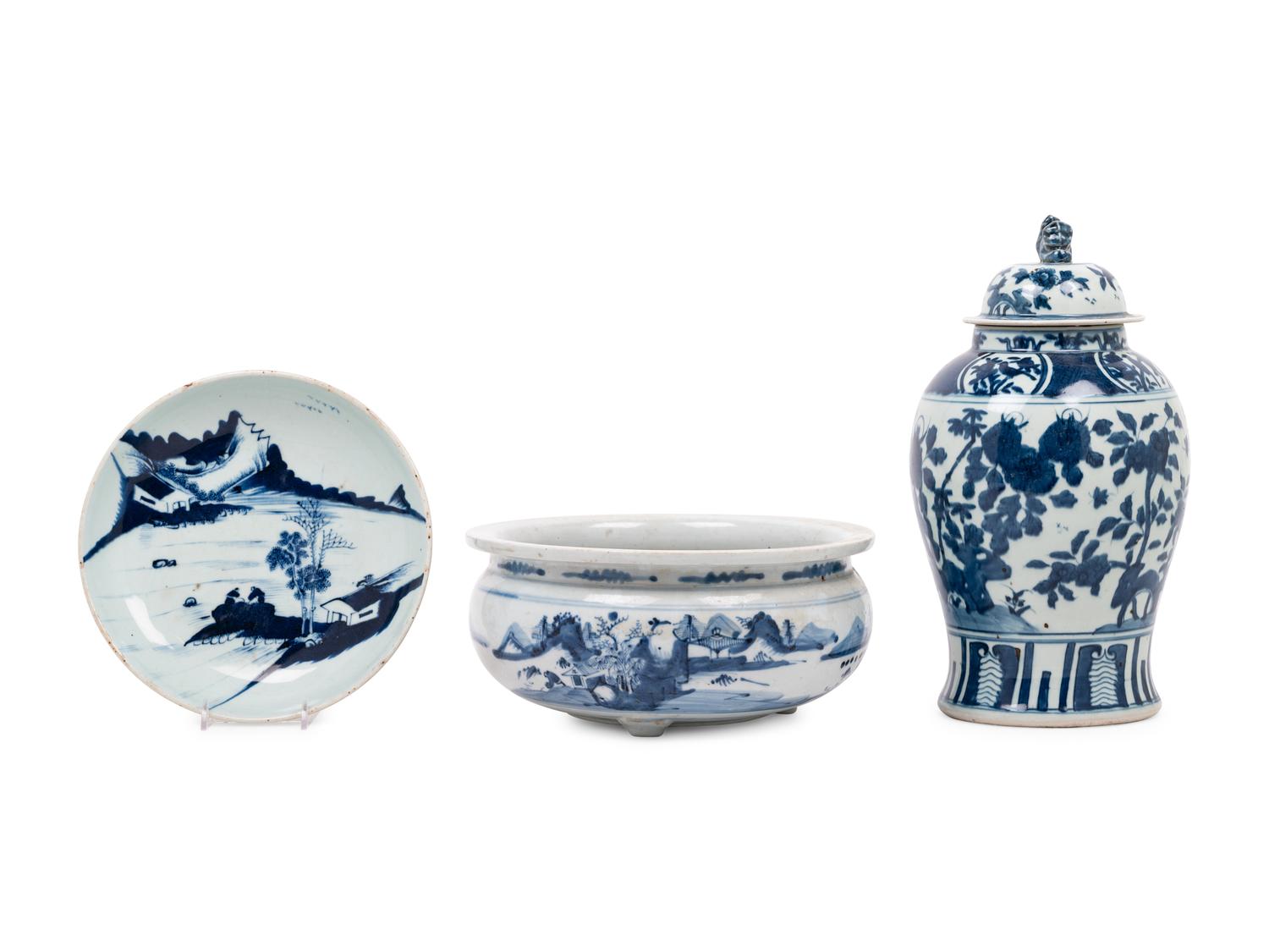 Three Chinese Blue and White Porcelain Articles