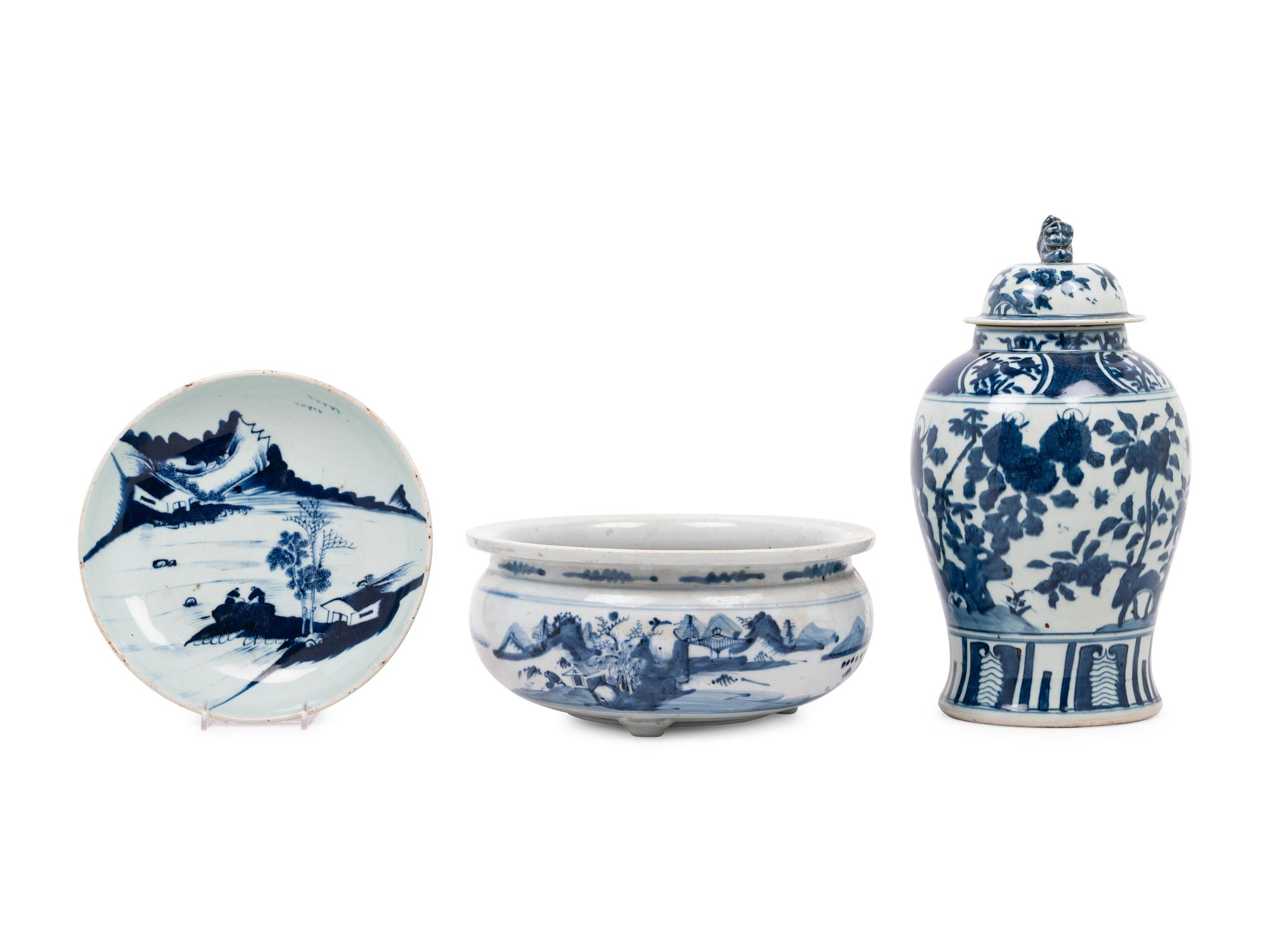 Three Chinese Blue and White Porcelain Articles