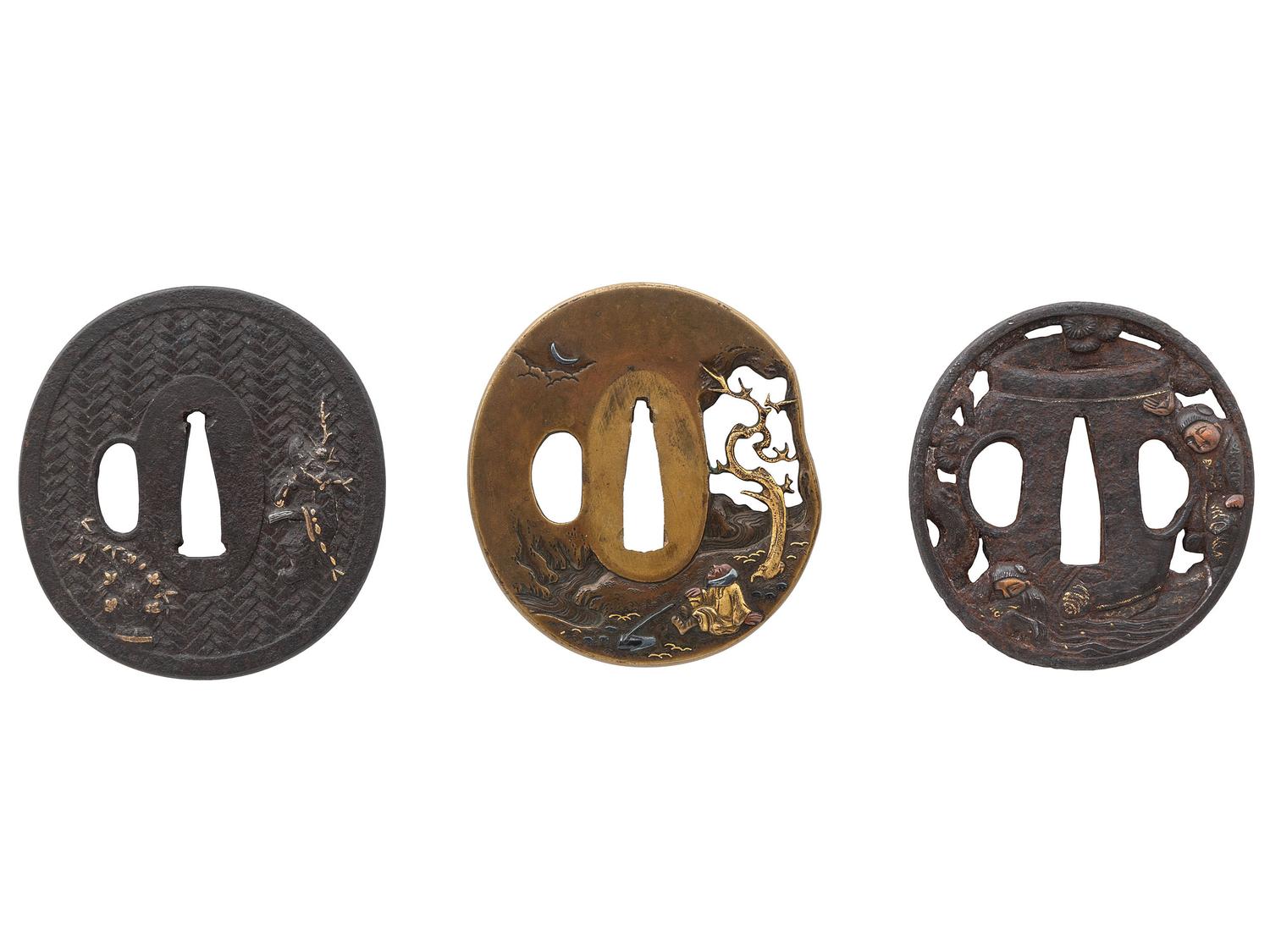 Lot of 3 Japanese Tsubas with Folkloric Motifs