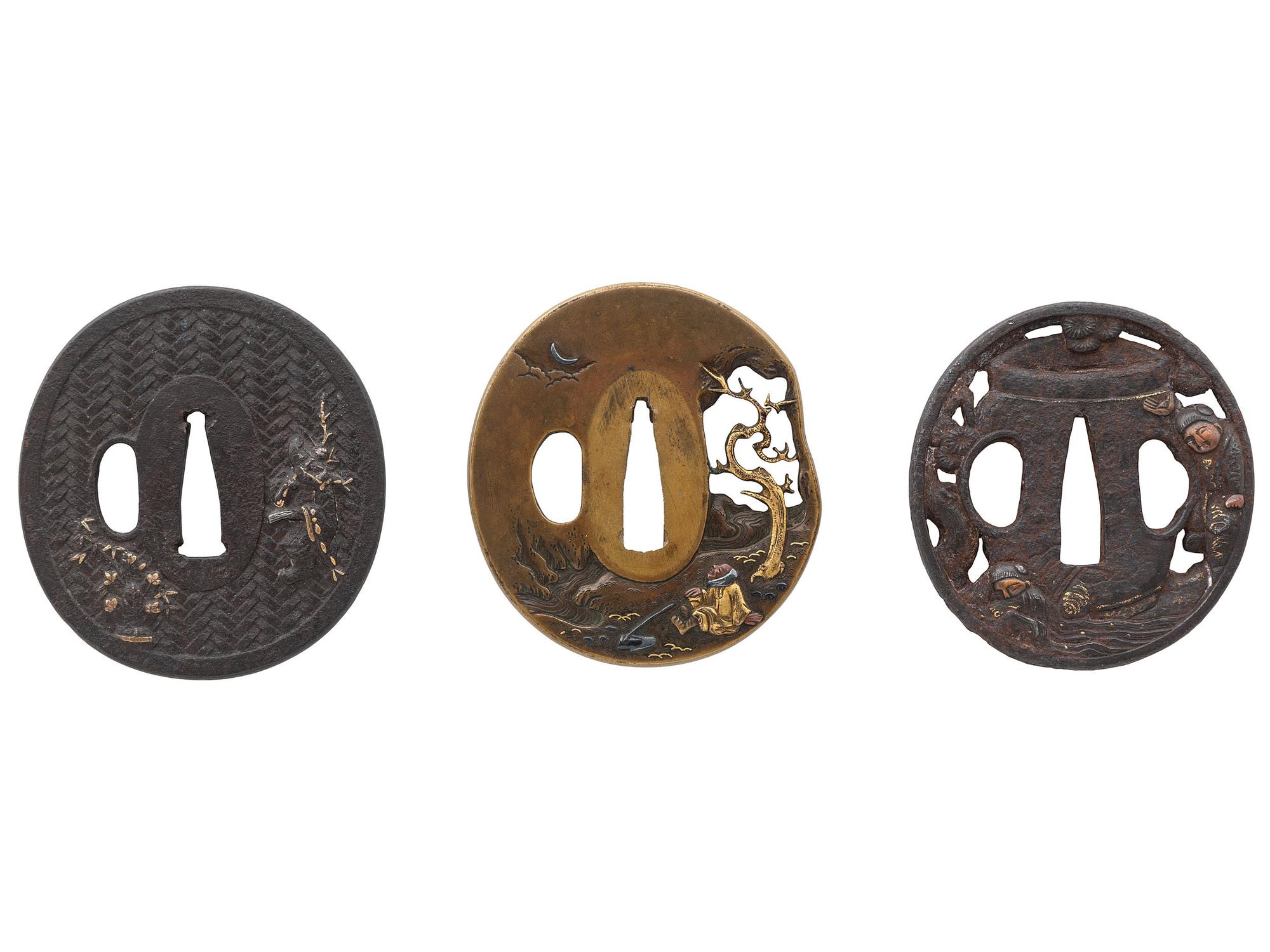 Lot of 3 Japanese Tsubas with Folkloric Motifs