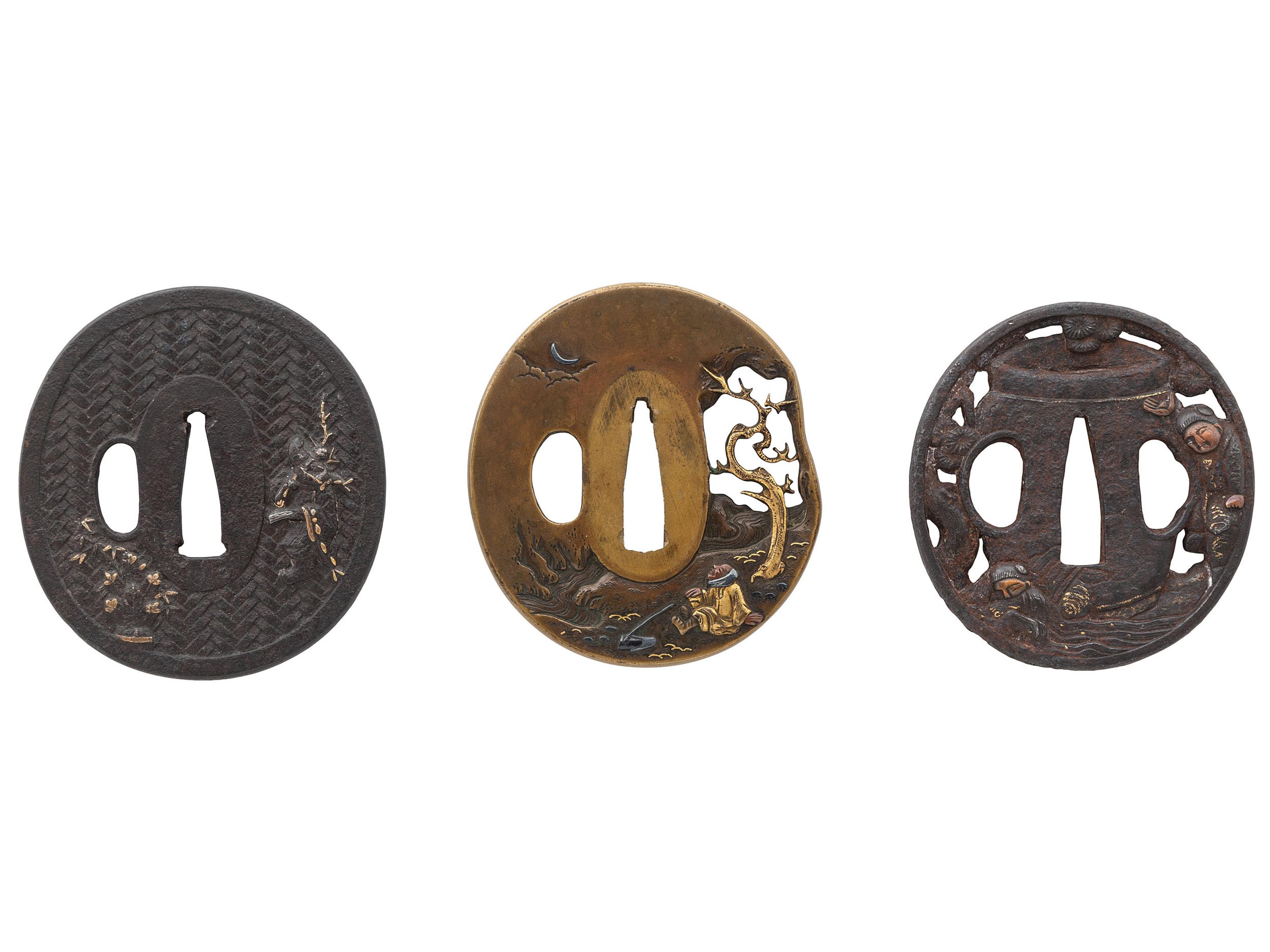Lot of 3 Japanese Tsubas with Folkloric Motifs