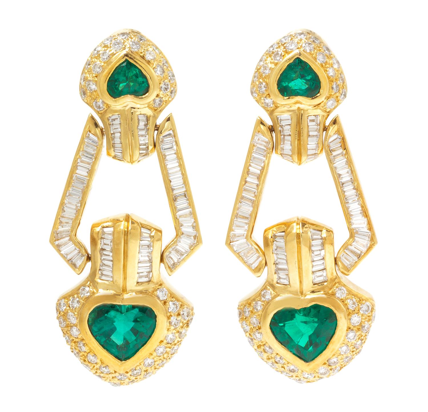 A Pair of 18 Karat Yellow Gold, Emerald and Diamond Pendant Earclips, 18.40 dwts.