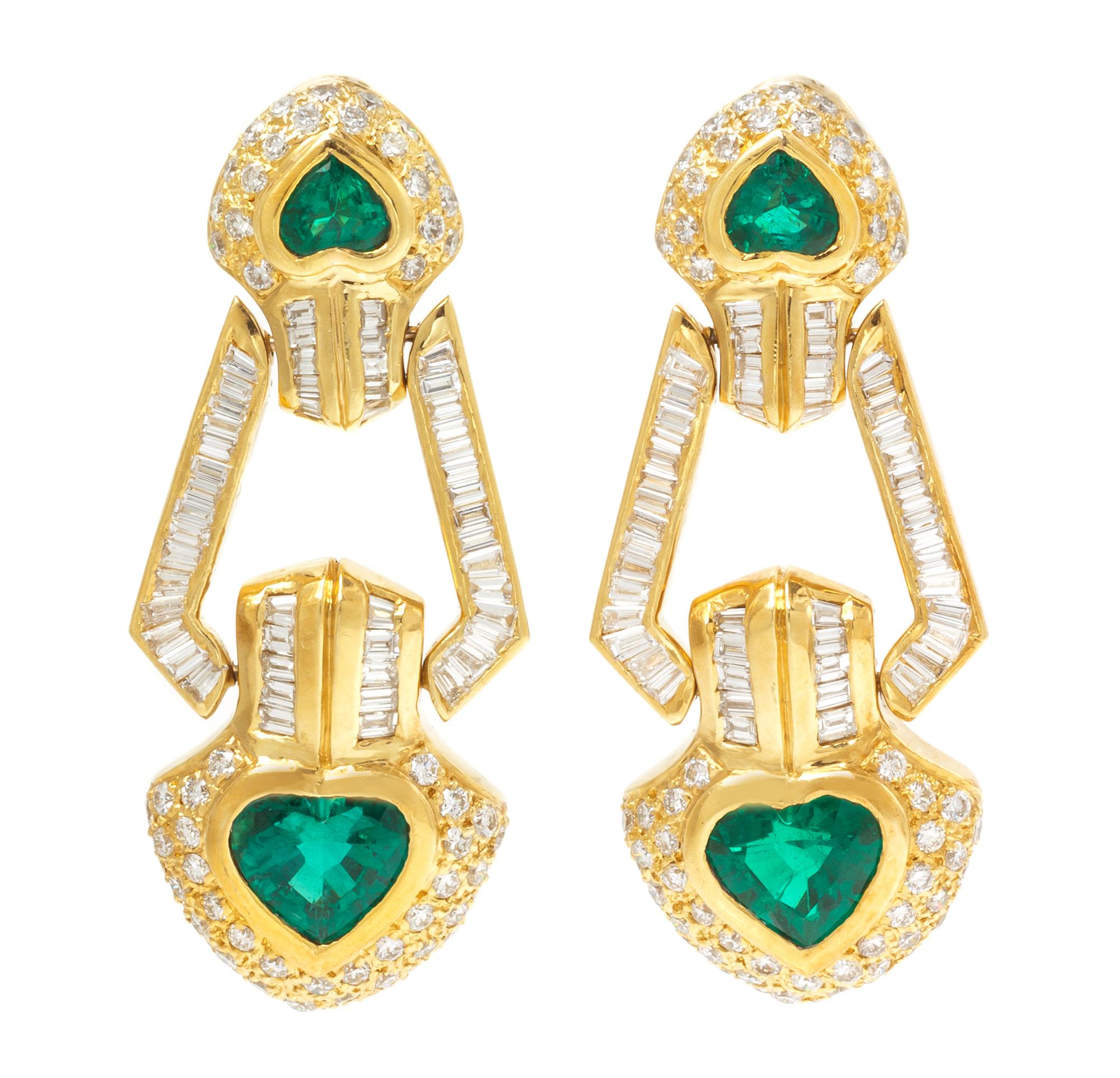 A Pair of 18 Karat Yellow Gold, Emerald and Diamond Pendant Earclips, 18.40 dwts.