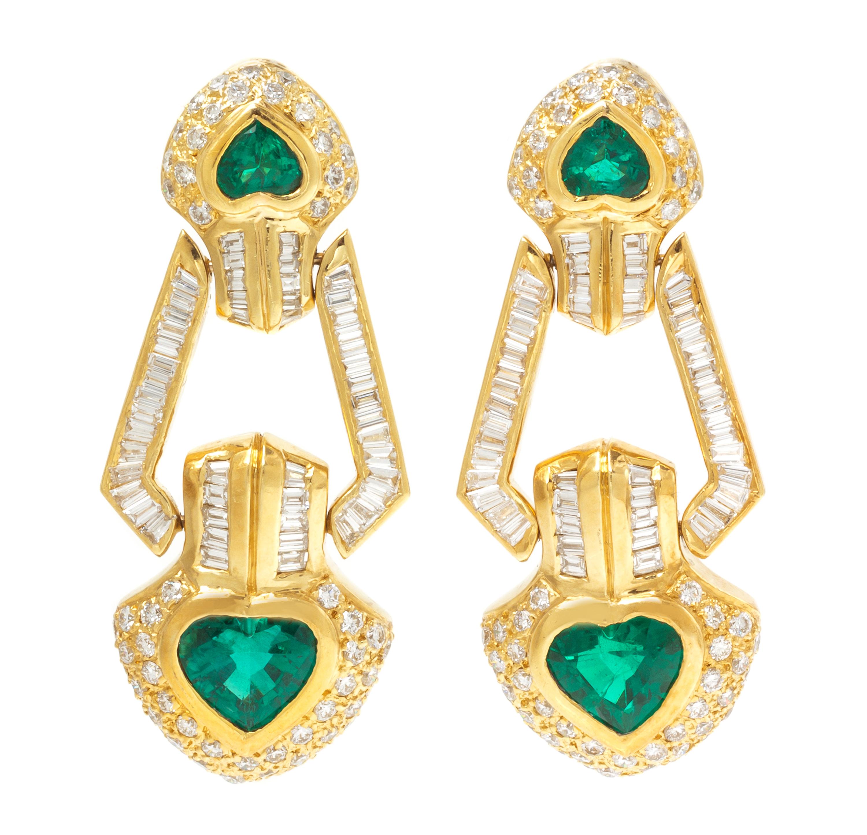 A Pair of 18 Karat Yellow Gold, Emerald and Diamond Pendant Earclips, 18.40 dwts.