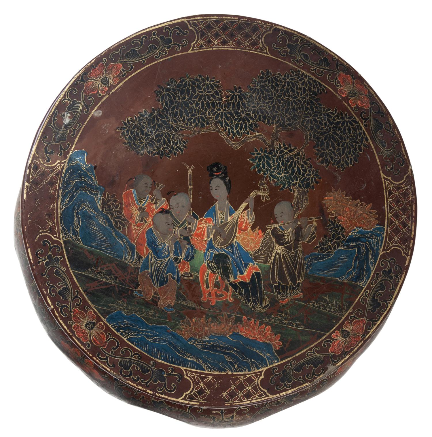 A Pair of Chinese Brown Ground Polychrome Painted Flower Stands