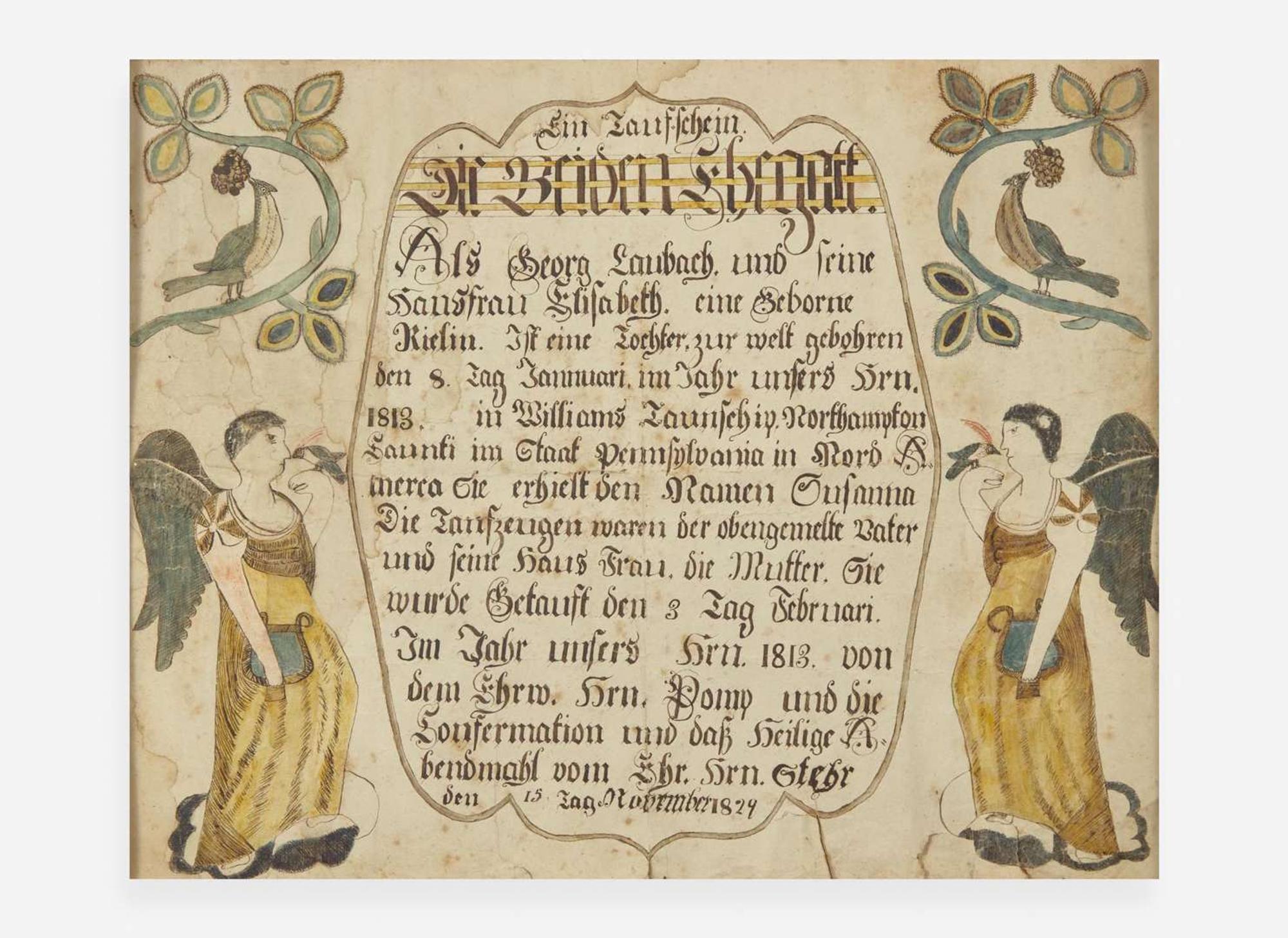 A Fraktur Birth record for Reilin Laubach, dated "1829"