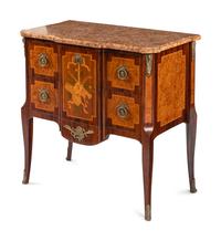 A Louis XV/XVI Transitional Style Marquetry Marble-Top Commode