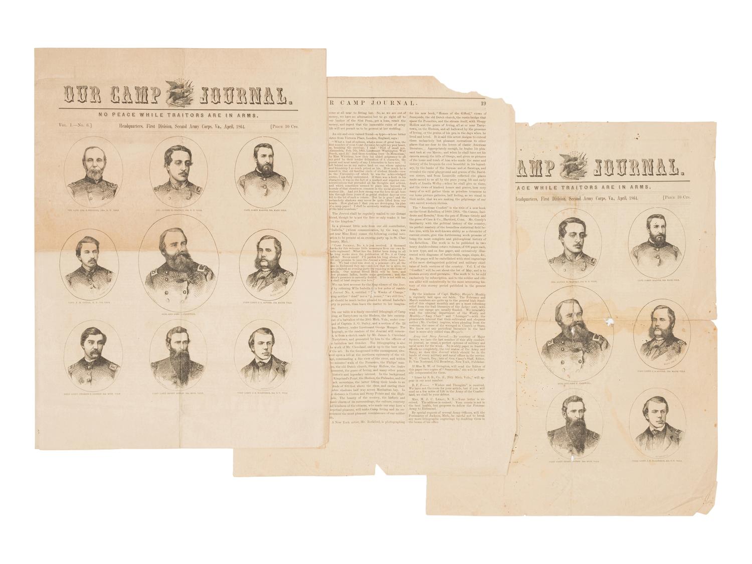 [NEWSPAPER]. Our Camp Journal . Vol 1, Nos. 1 (April 1, 1863), 3 (September 7, 1863); 5 (January 15, 1864), and 6 (April, 1864). Various places.
