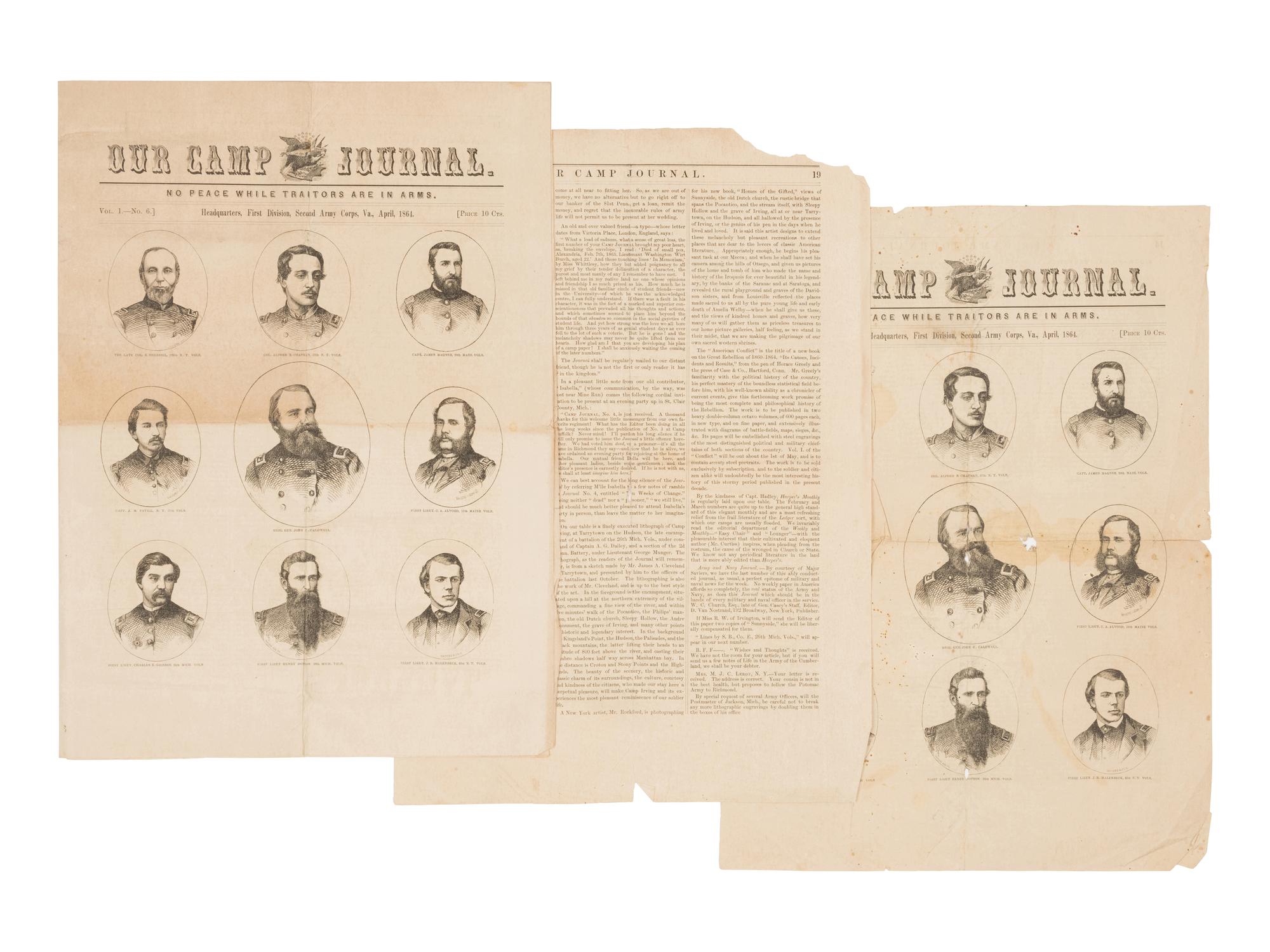 [NEWSPAPER]. Our Camp Journal . Vol 1, Nos. 1 (April 1, 1863), 3 (September 7, 1863); 5 (January 15, 1864), and 6 (April, 1864). Various places.
