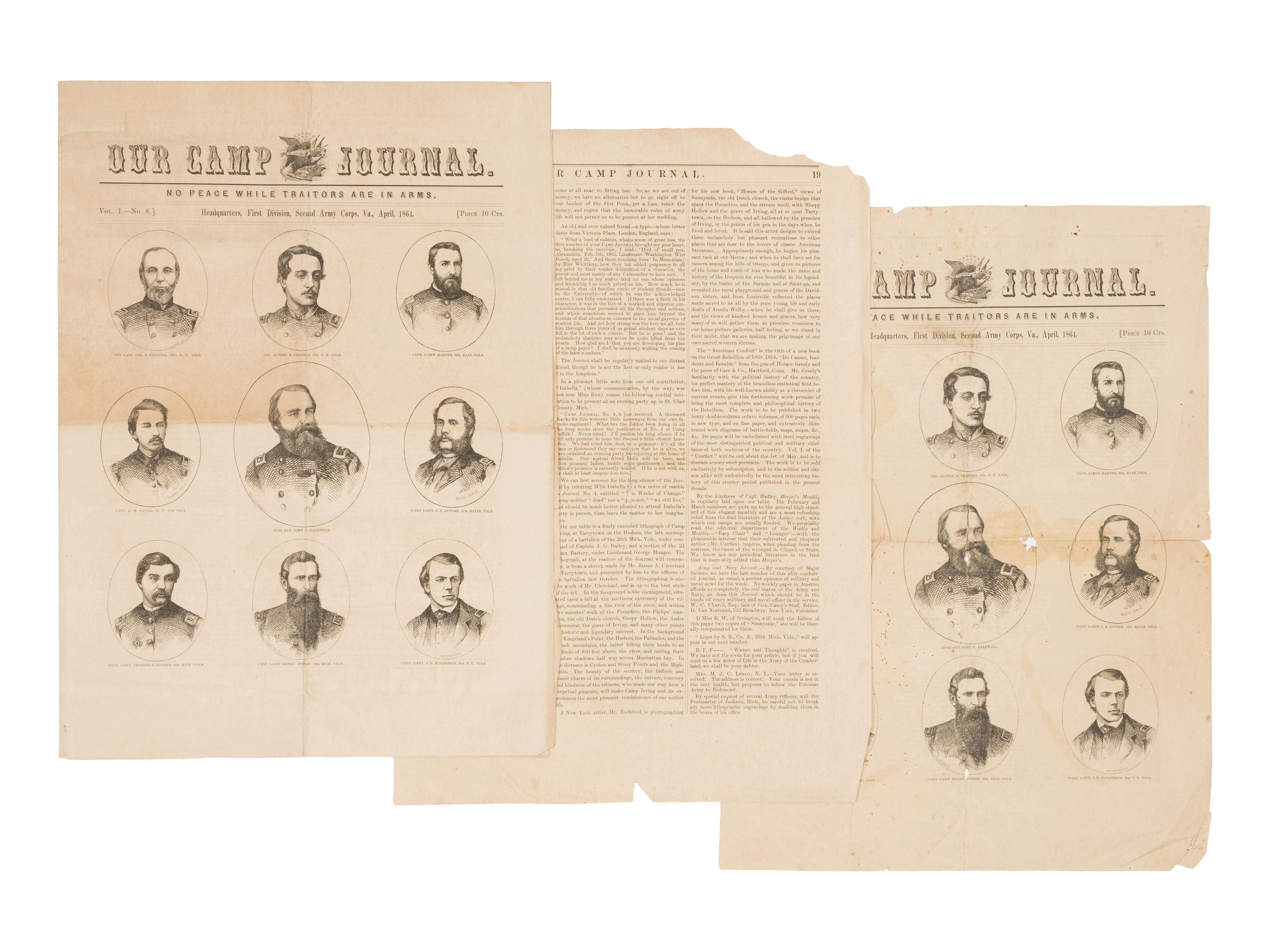 [NEWSPAPER]. Our Camp Journal . Vol 1, Nos. 1 (April 1, 1863), 3 (September 7, 1863); 5 (January 15, 1864), and 6 (April, 1864). Various places.