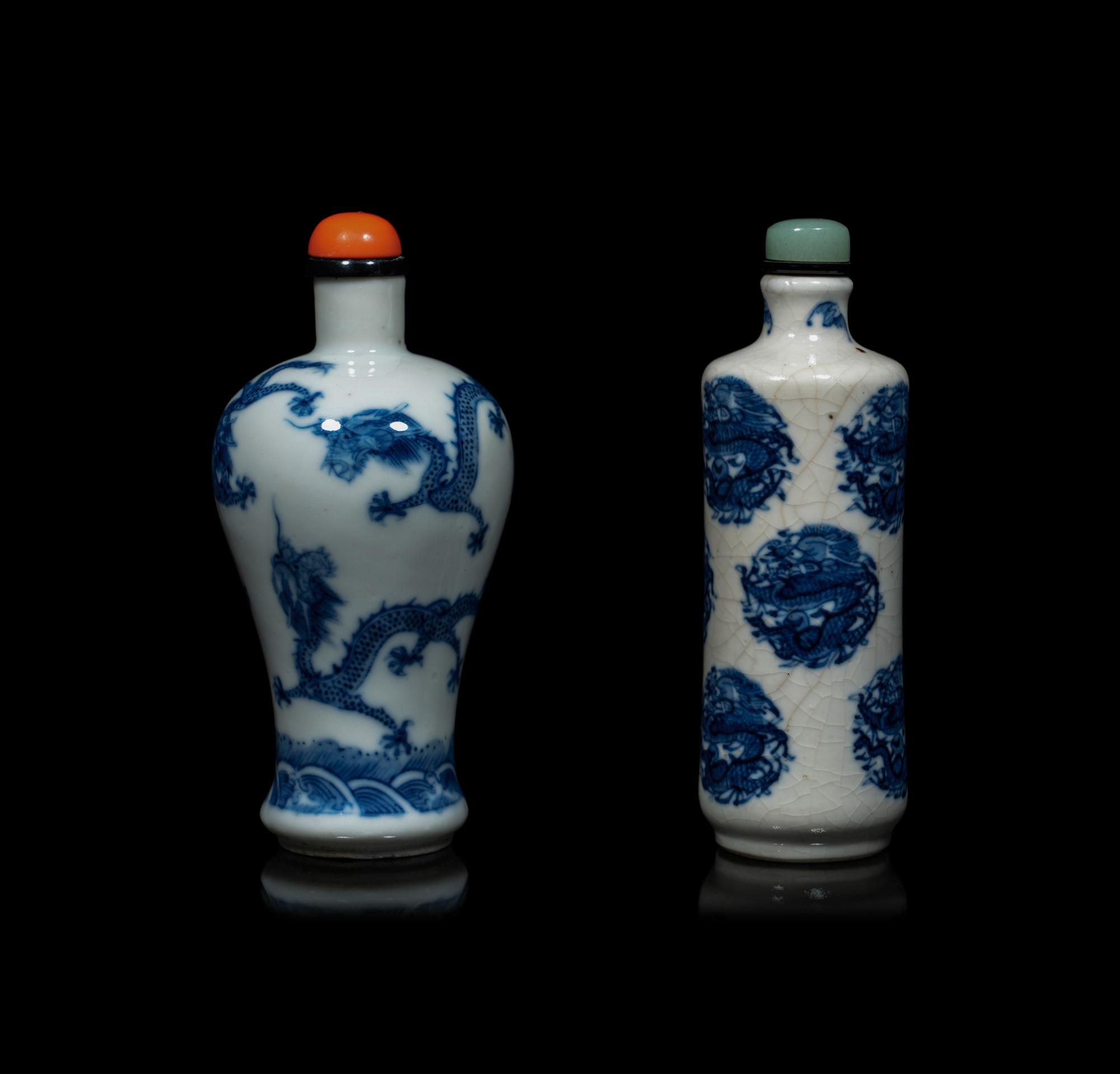 Two Chinese Blue and White Porcelain 'Dragons' Snuff Bottles