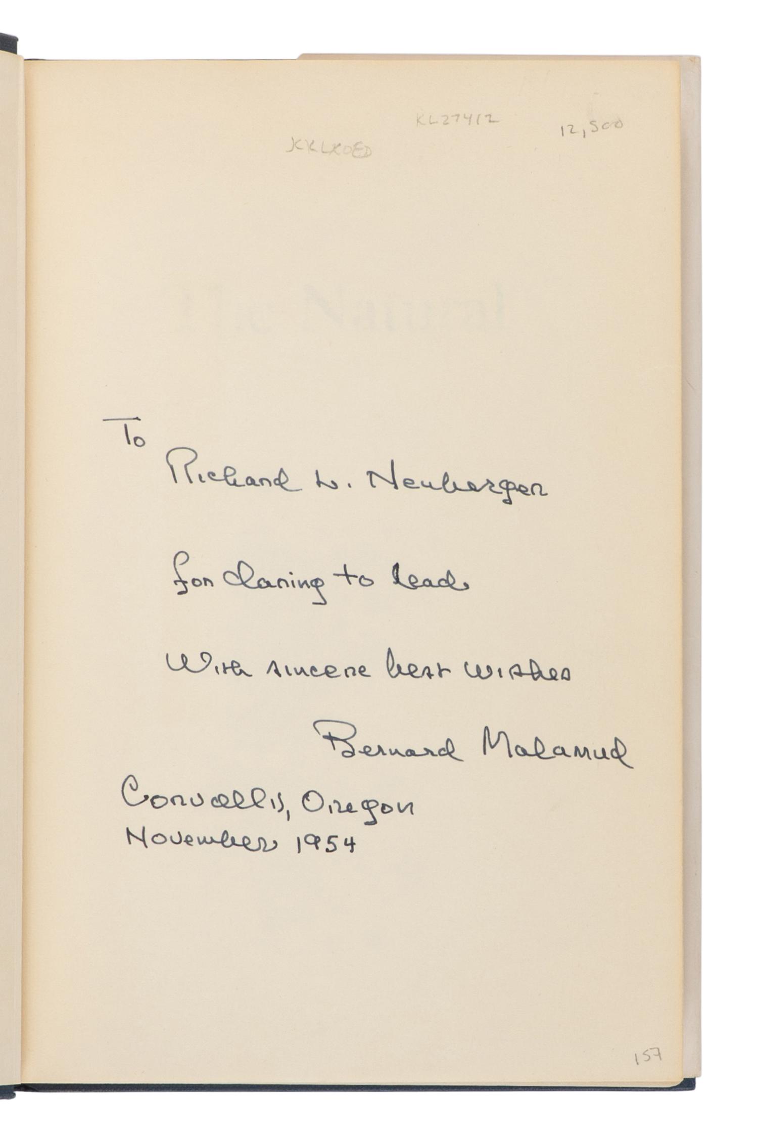 MALAMUD, Bernard (1914-1986). The Natural . New York: Harcourt, Brace and Company, 1952.