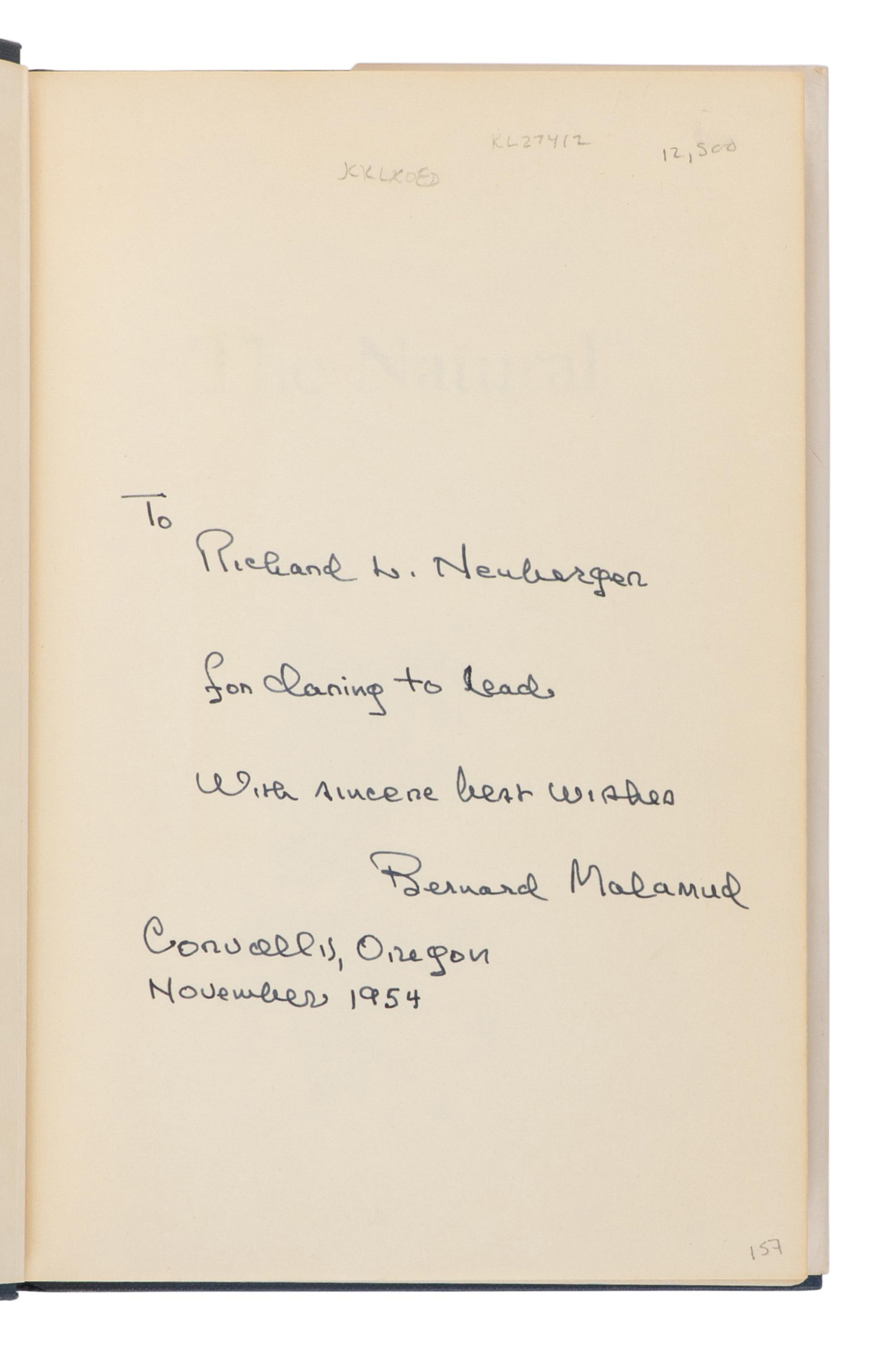 MALAMUD, Bernard (1914-1986). The Natural . New York: Harcourt, Brace and Company, 1952.