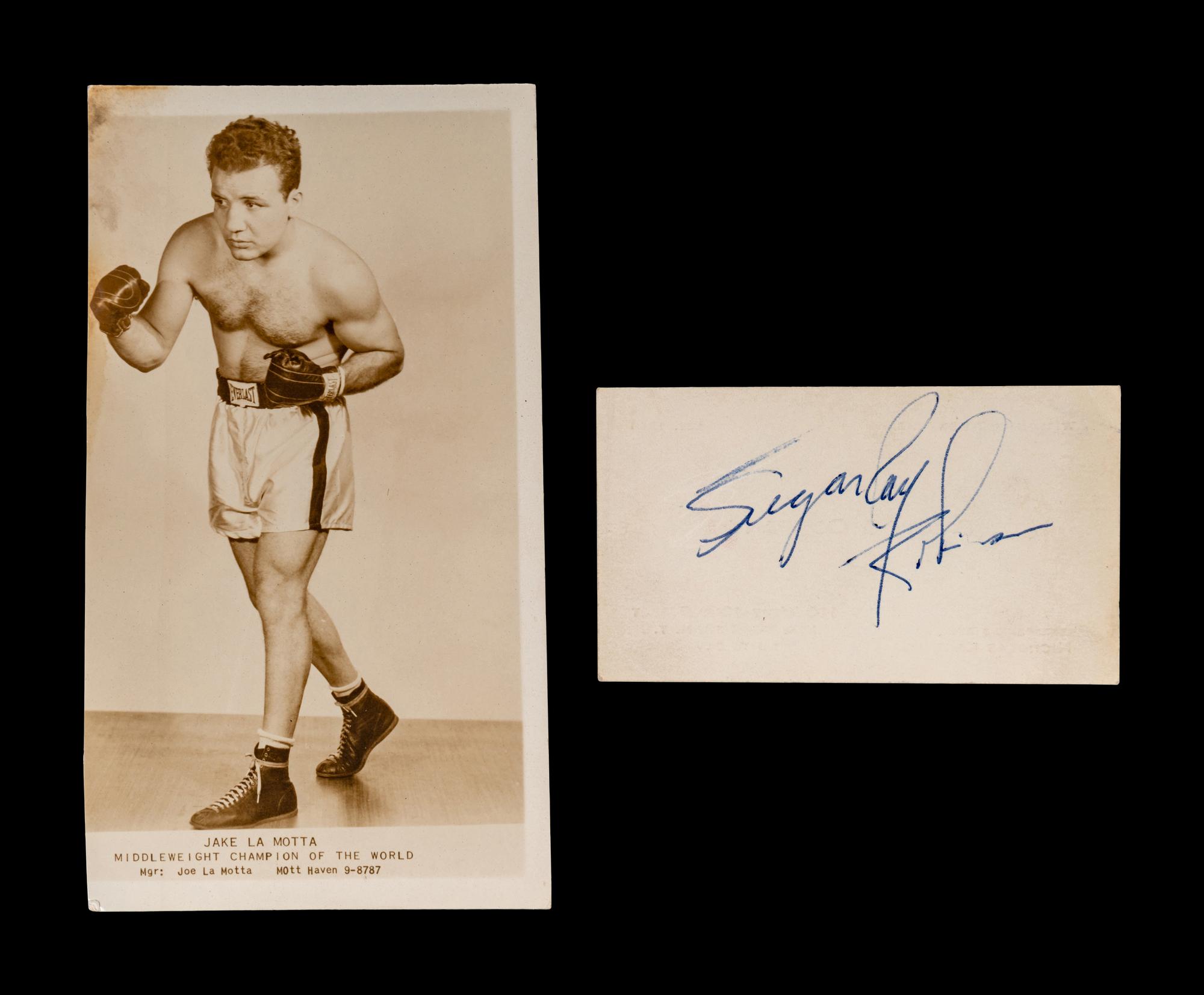 A Group of Boxing Champion Sugar Ray Robinson and Jake LaMotta Signed Autograph Items,