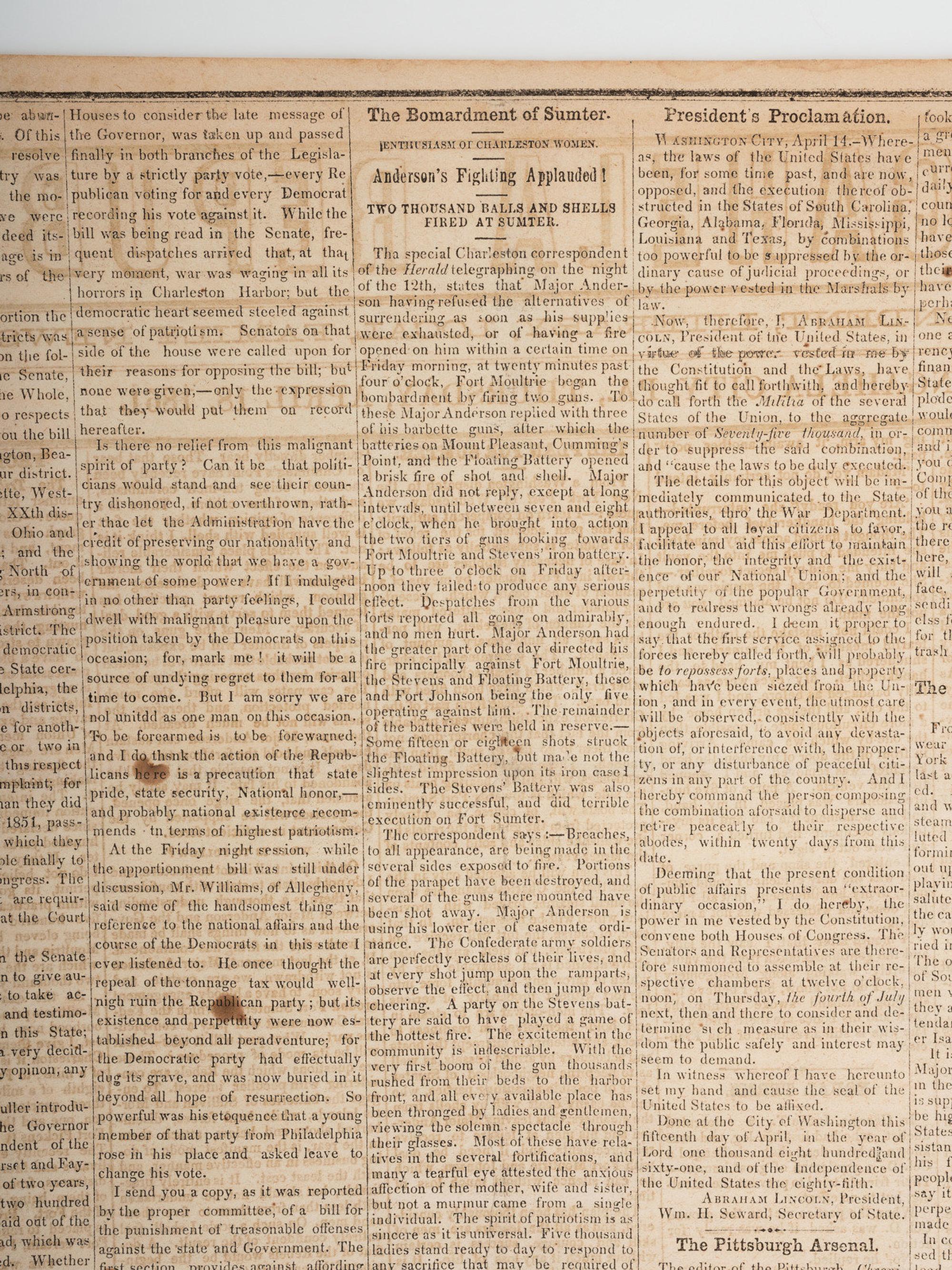 [CIVIL WAR]. 4 war-date newspapers, incl. capture of Fort Sumter and Lee's surrender at Appomattox.