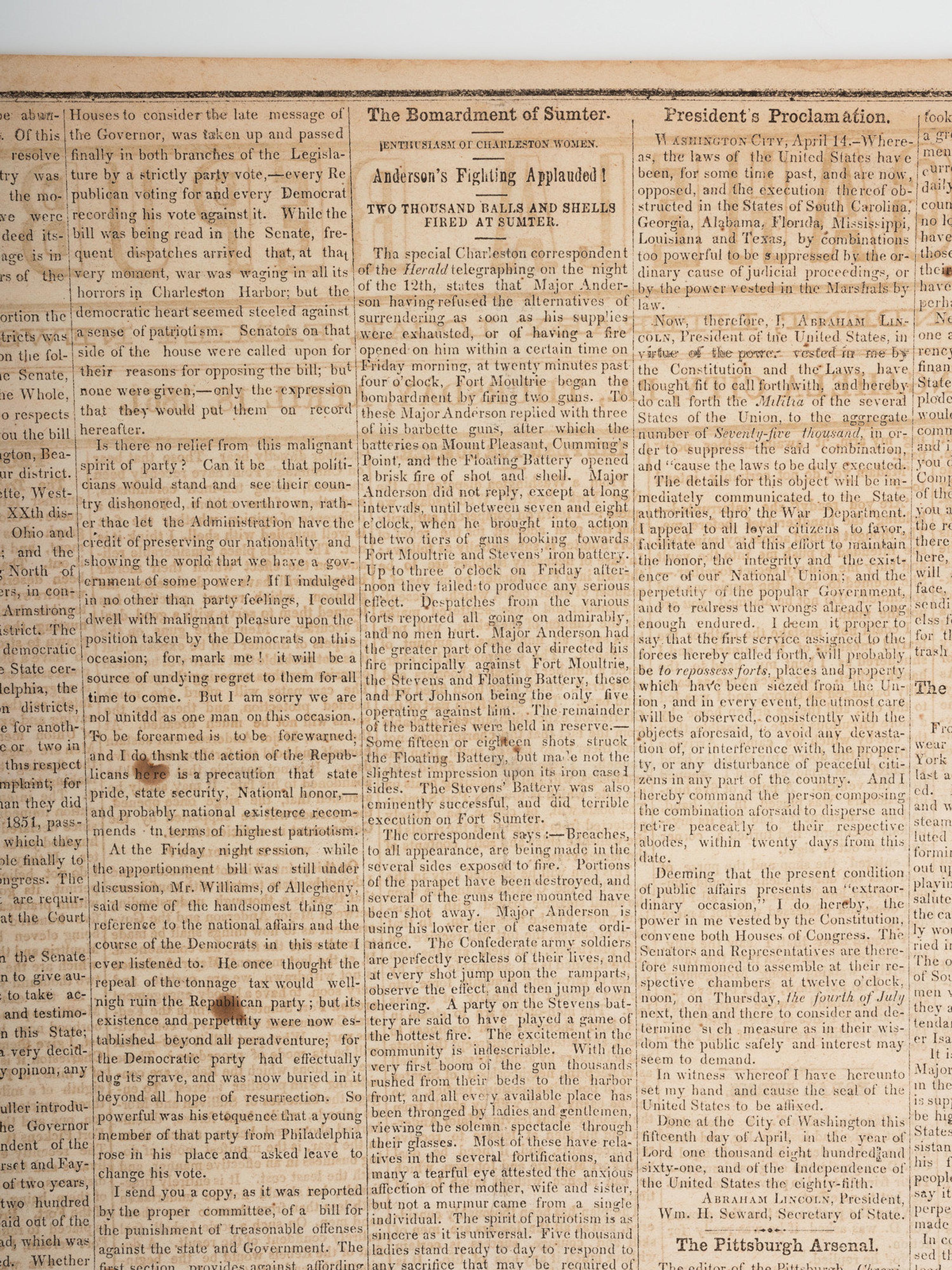 [CIVIL WAR]. 4 war-date newspapers, incl. capture of Fort Sumter and Lee's surrender at Appomattox.