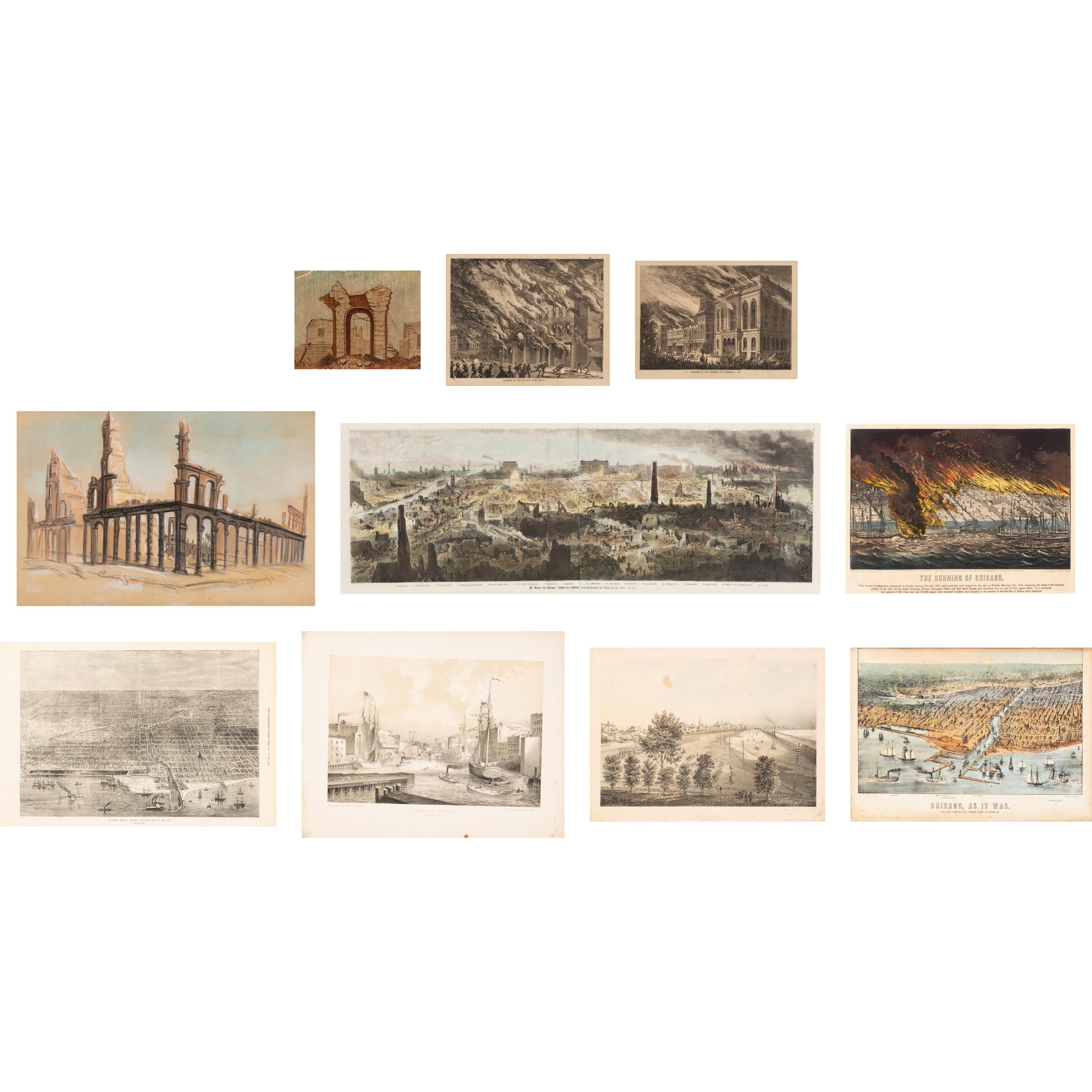 [Chicago Fire]. A group of 10 prints and 2 paintings, showing views of Chicago before and after the Great Fire, including: