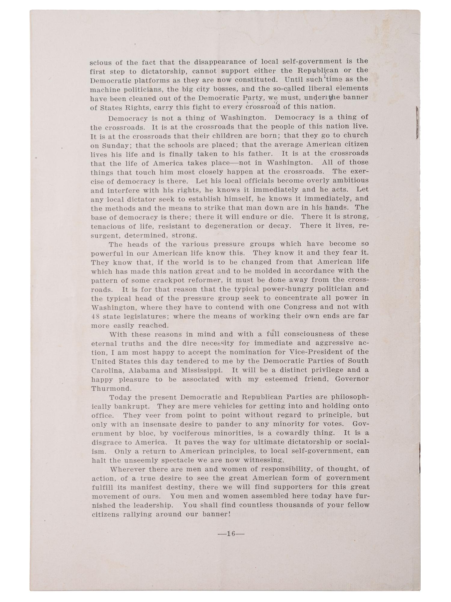 [SEGREGATION]. THURMOND, J. Strom (1902-2003). Acceptance Addresses. [1948].