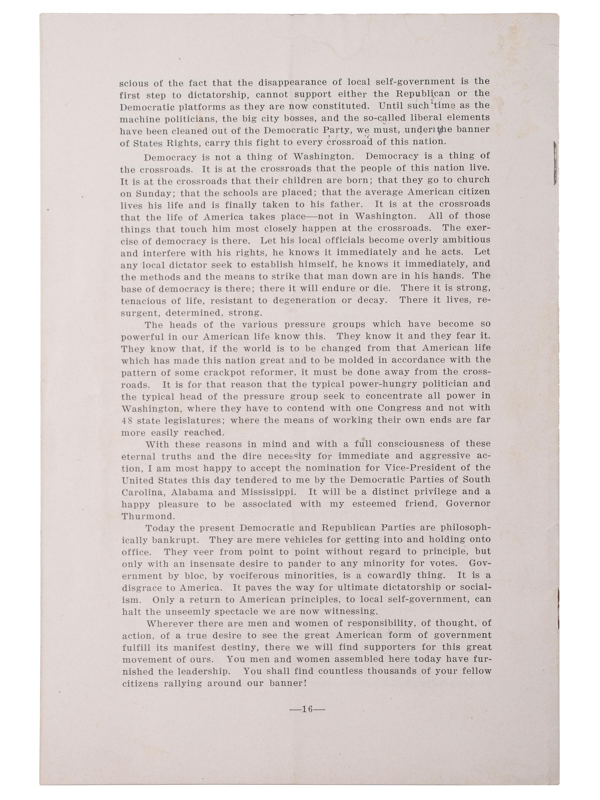 [SEGREGATION]. THURMOND, J. Strom (1902-2003). Acceptance Addresses. [1948].