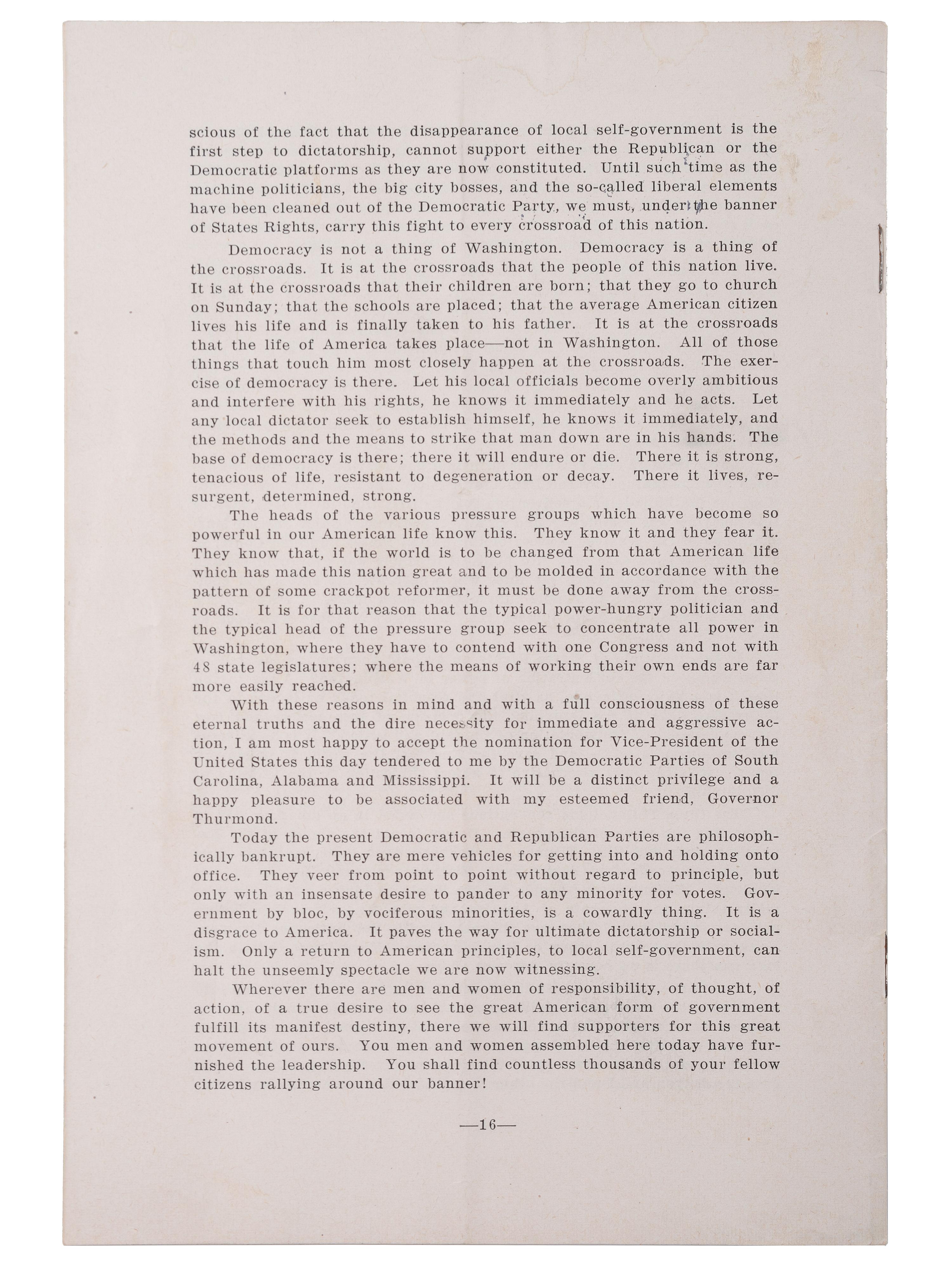 [SEGREGATION]. THURMOND, J. Strom (1902-2003). Acceptance Addresses. [1948].