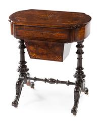 A Victorian Burlwood Work Table Height 29 1/8 x width 25 x depth 16 inches.