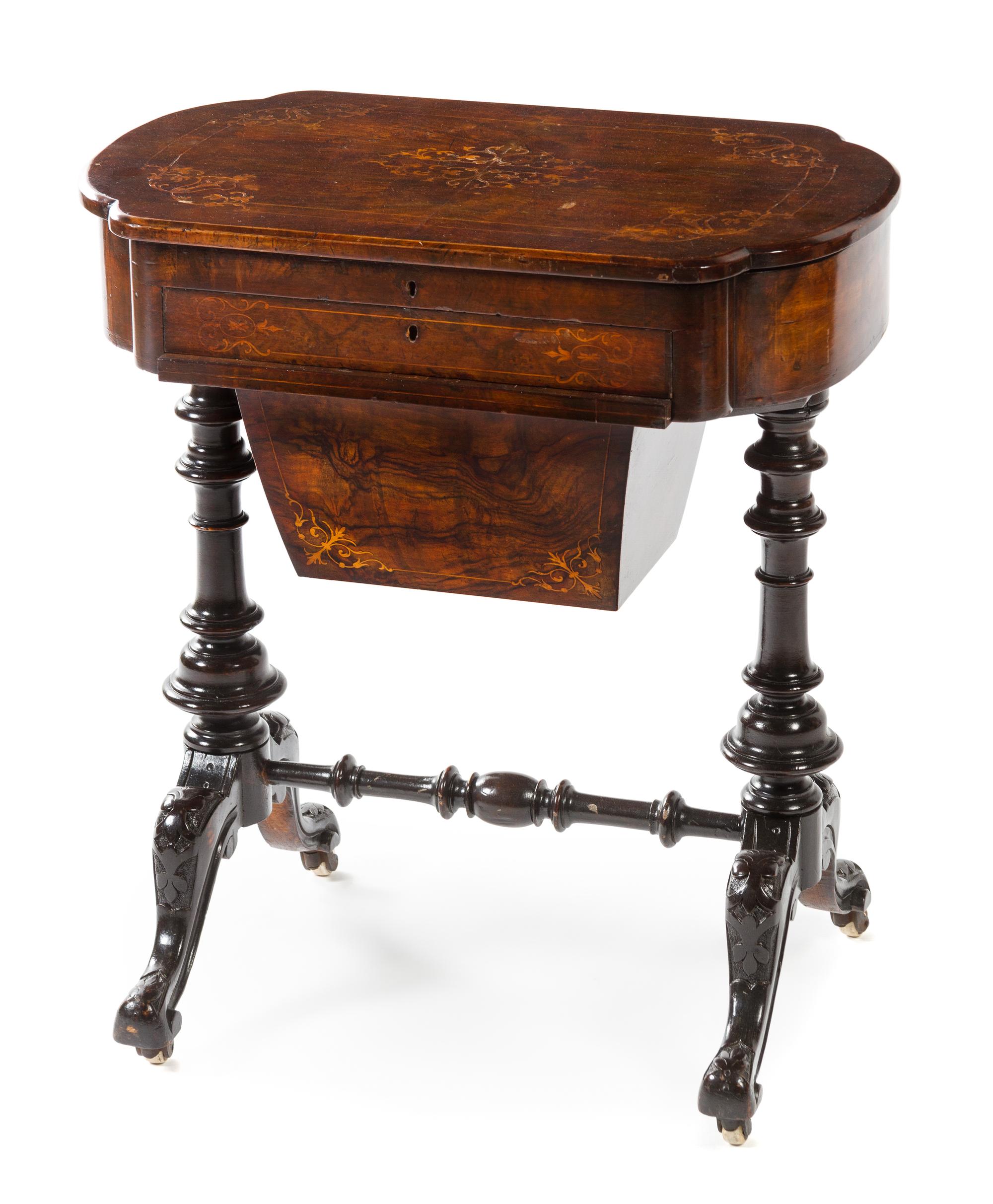 A Victorian Burlwood Work Table Height 29 1/8 x width 25 x depth 16 inches.