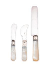 comprising: 6 Eastern Silver Co. dinner knives 6 Numsen Bros. butter spreaders 6 Landers Frary & Clark cheese knives 18 items total , each with stainless steel blades.