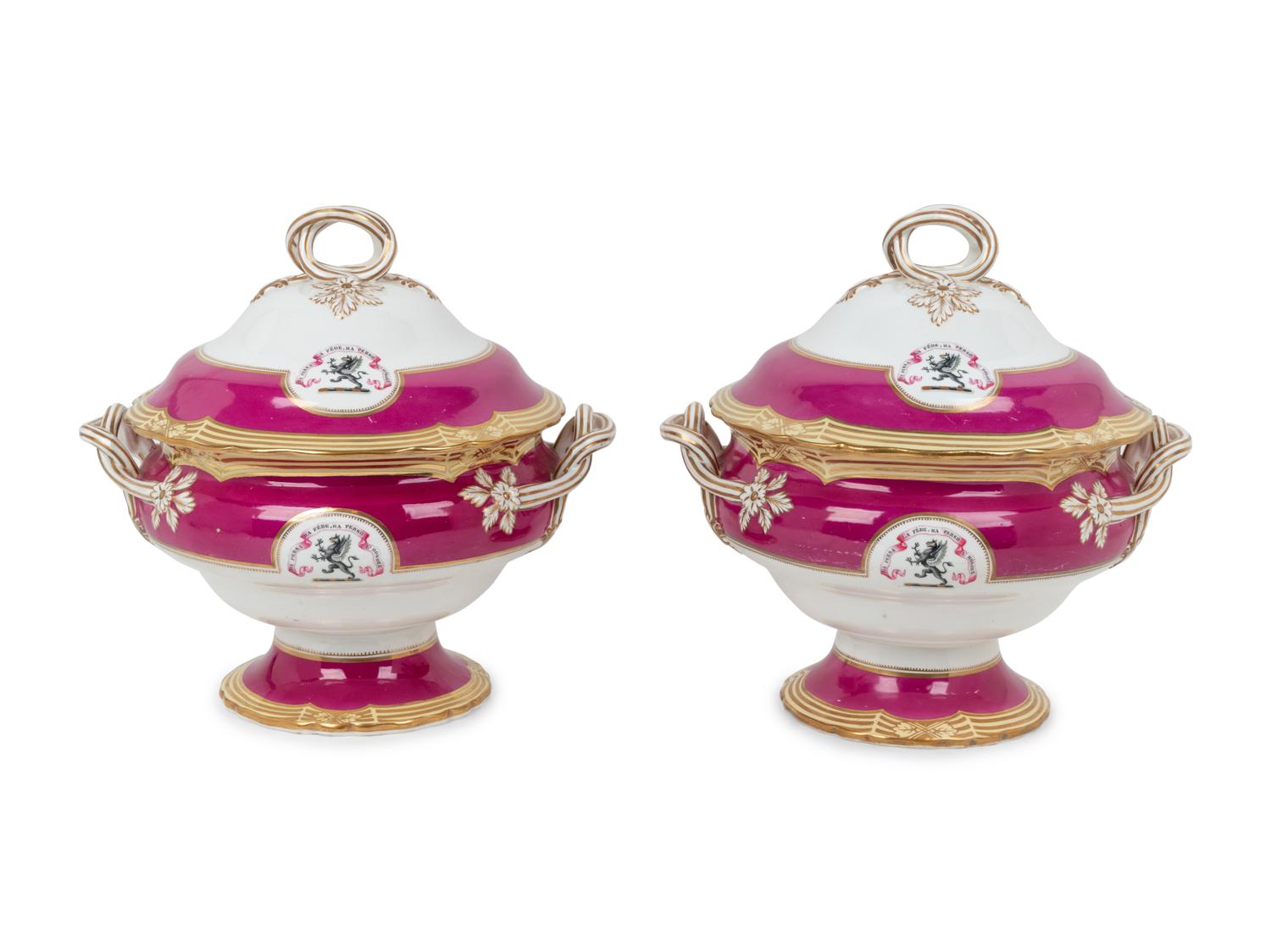 A Pair of English Porcelain Armorial Soup Tureens
