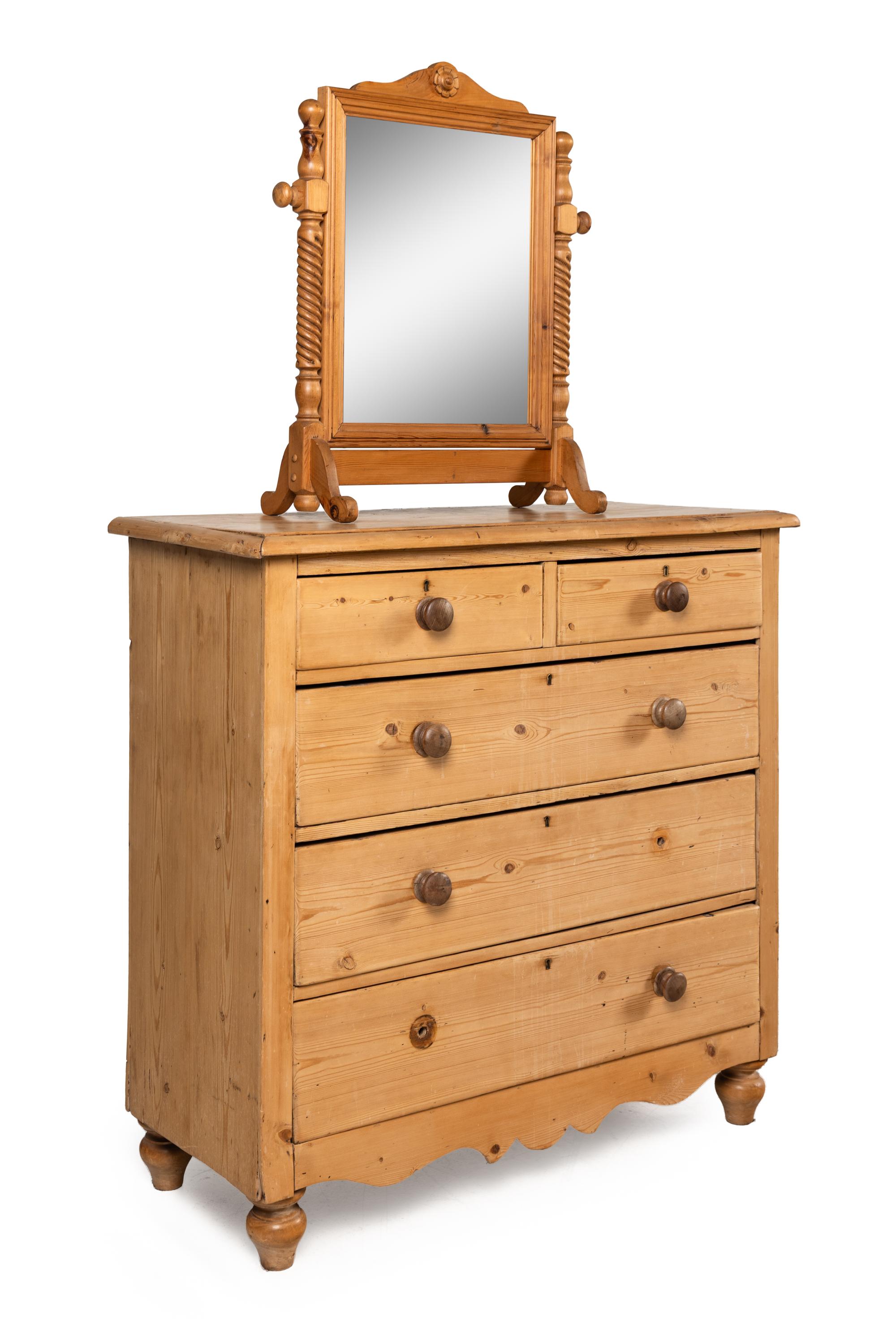 An English Pine Chest of Drawers and an Associated Dressing Mirror