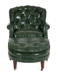 A Green Leather Button Tufted Club Chair and Ottoman — 20th Century