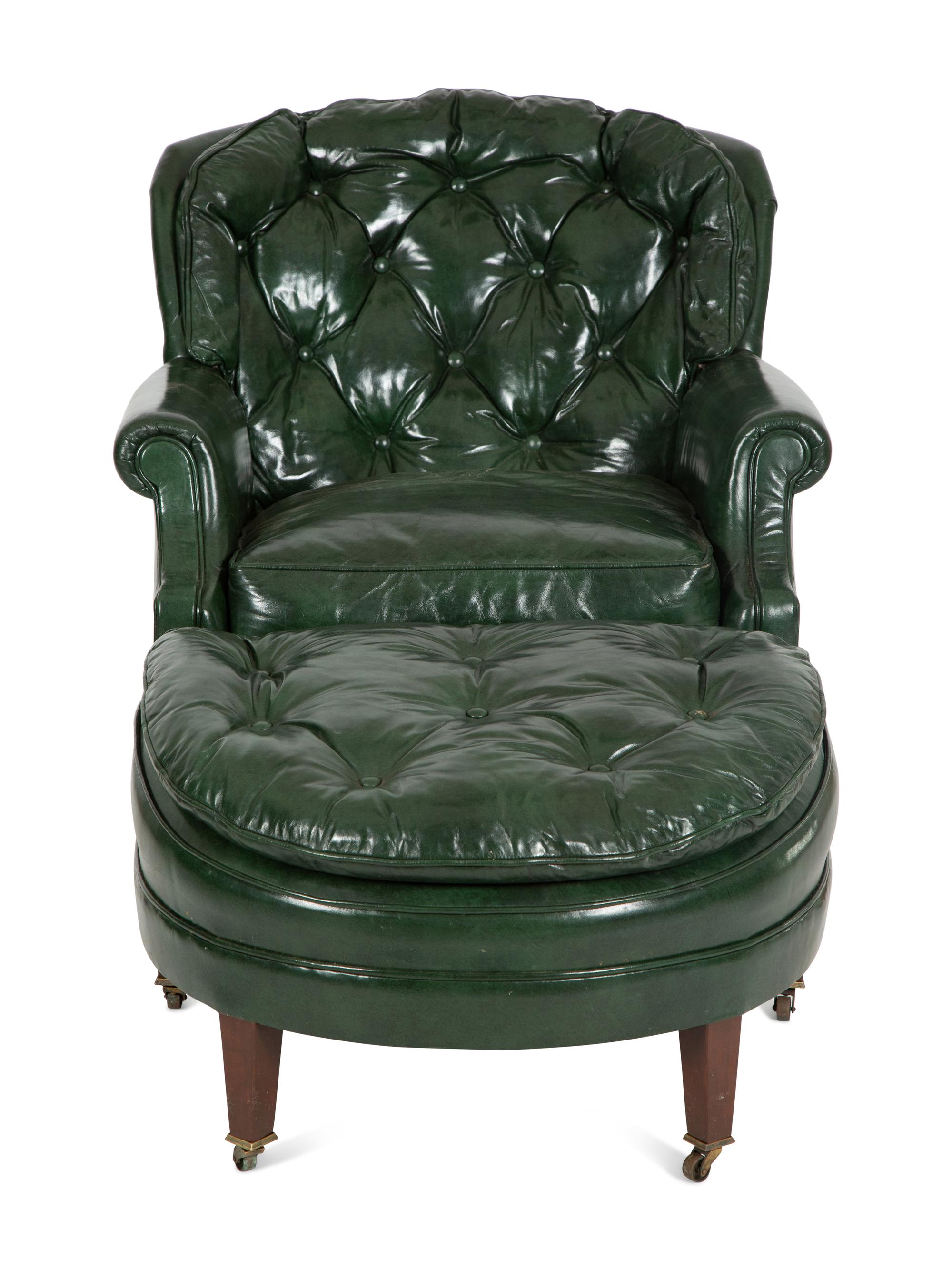 A Green Leather Button Tufted Club Chair and Ottoman — 20th Century