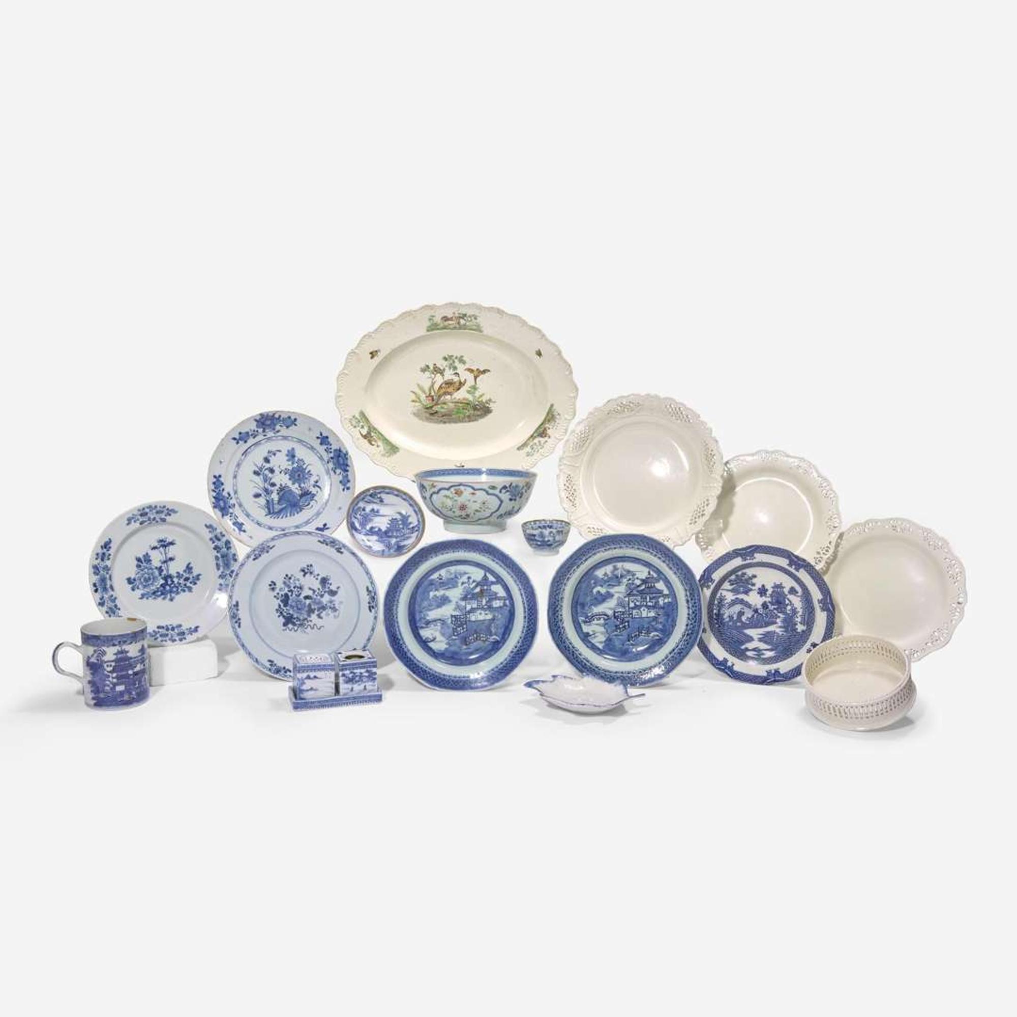 An assorted collection of seventeen English ceramic and Chinese Export porcelain tablewares 18th / 19th century