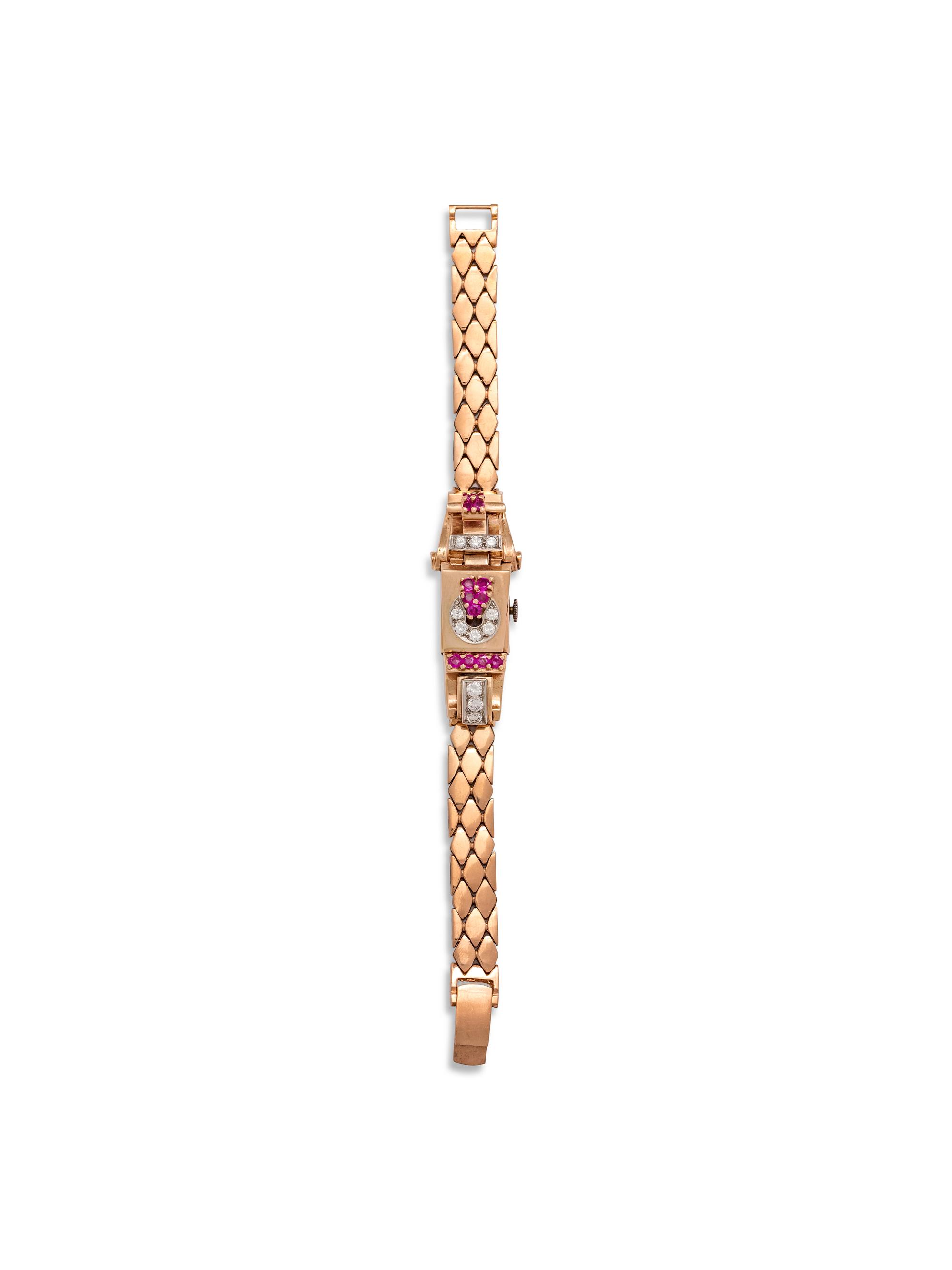 RETRO, 14K ROSE GOLD, DIAMOND AND RUBY SURPRISE WRISTWATCH