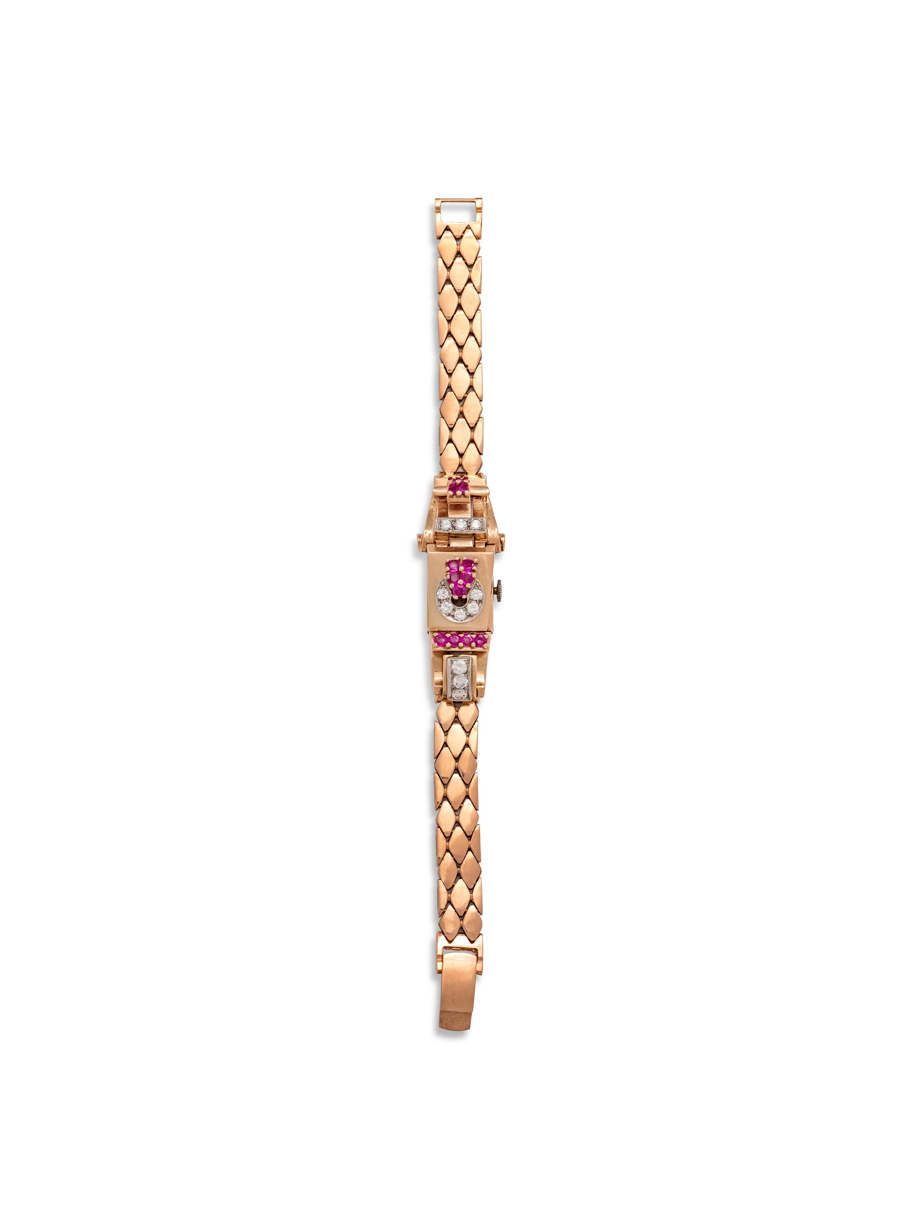 RETRO, 14K ROSE GOLD, DIAMOND AND RUBY SURPRISE WRISTWATCH