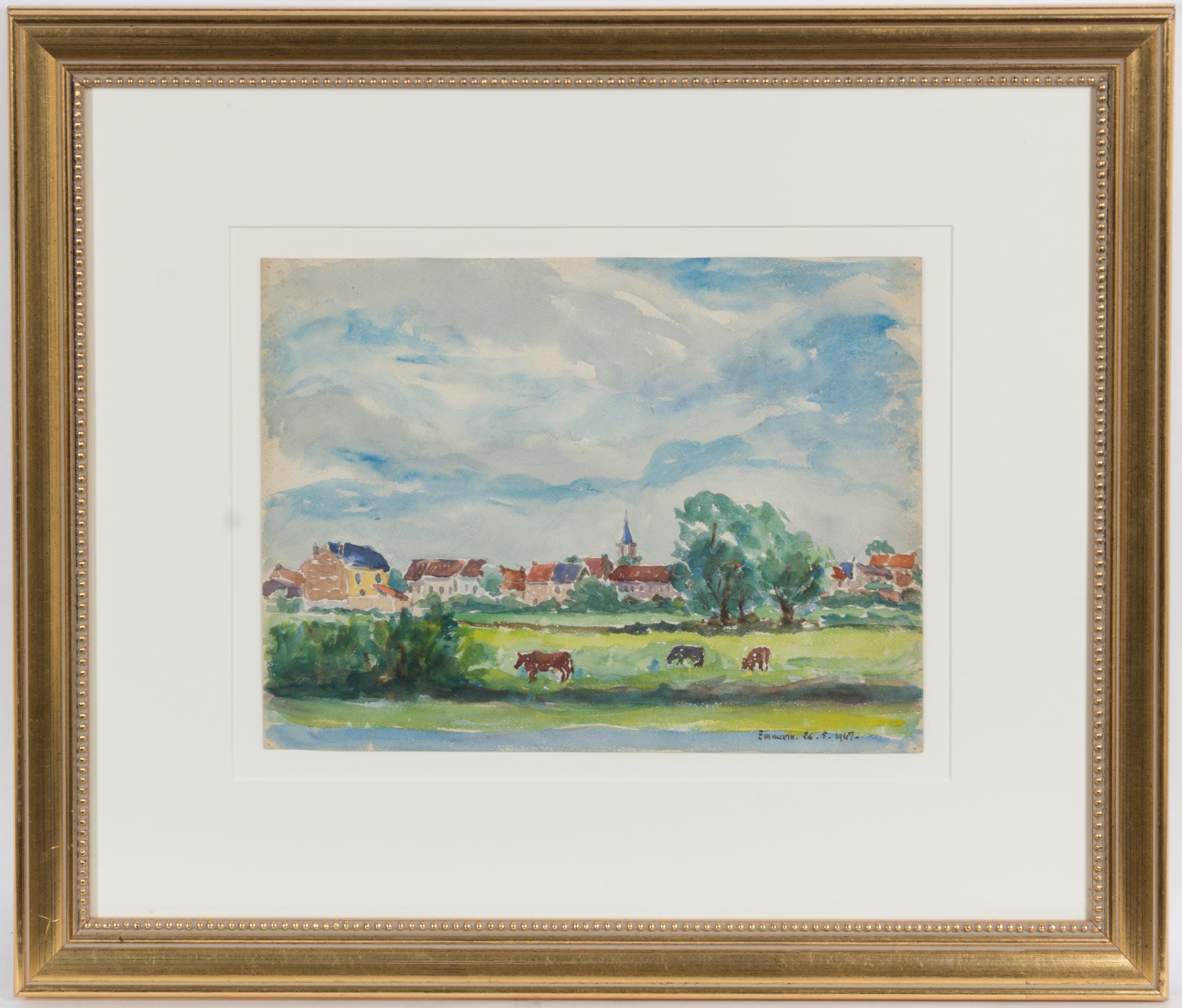 Emmerin, (20th century), View of Town and Cows, 1947