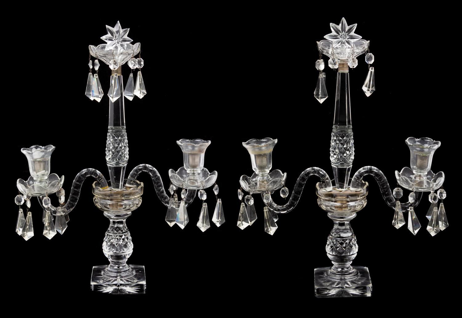 A Pair of English Cut Glass Two-Light Candelabra Height 19 1/2 inches. — 19TH CENTURY