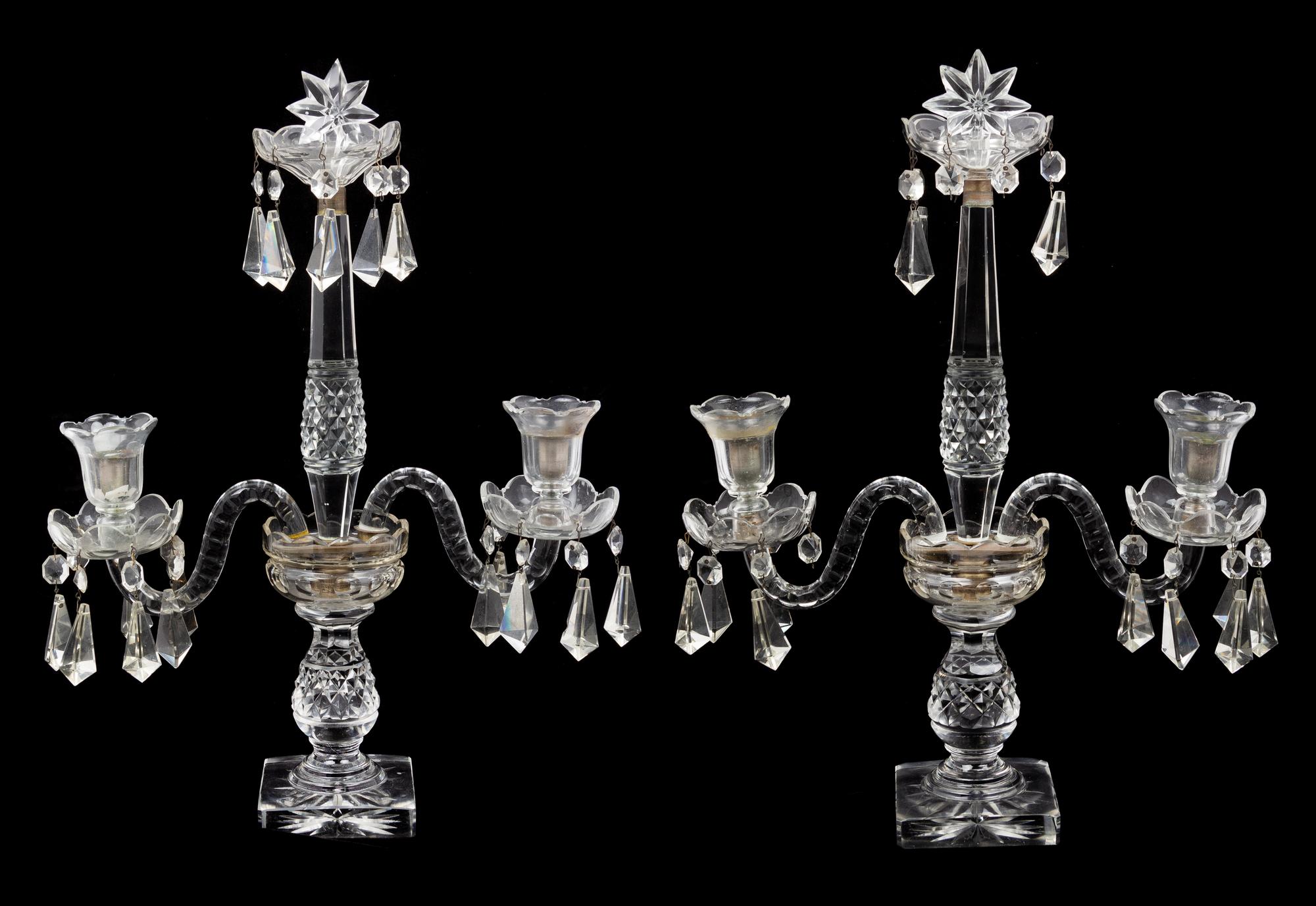 A Pair of English Cut Glass Two-Light Candelabra Height 19 1/2 inches. — 19TH CENTURY