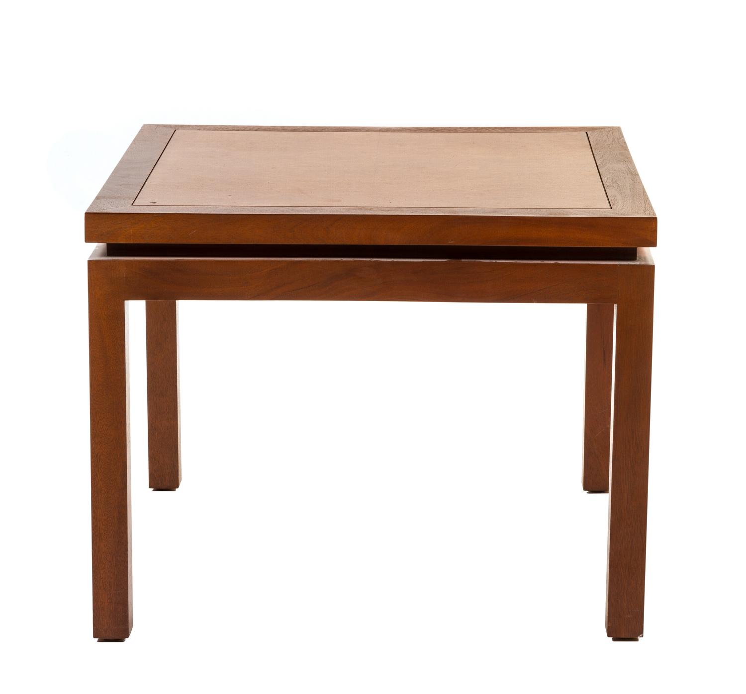 A Dunbar Walnut Side Table Height 21 1/8 x width 27 1/8 x depth 27 1/8 inches.