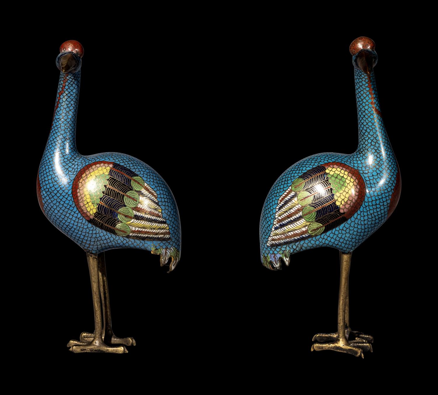 A Pair of Chinese Cloisonné Enamel Figures of Cranes